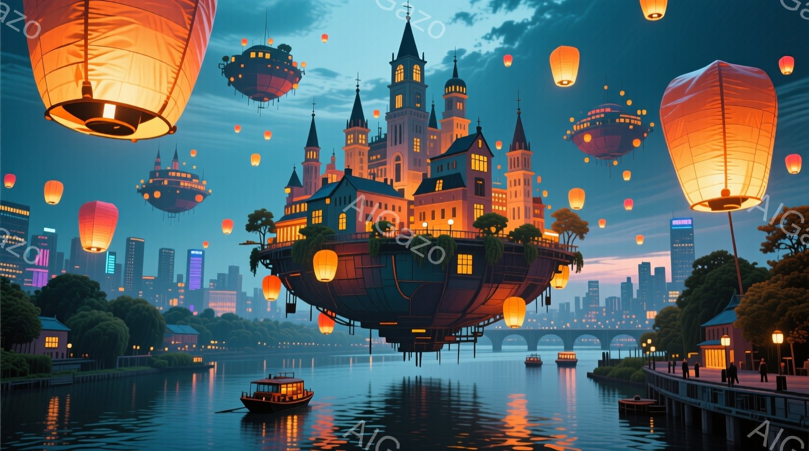 浮かんだ城が水面に反射する幻想的な光景が広がっている。空には提灯のような形をした飛行物体が多数浮かび、都市の夜景を照らし出している。水面にはボートが浮かび、岸辺には散歩する人々が見え、全体的に穏やかで - AI生成フリー素材