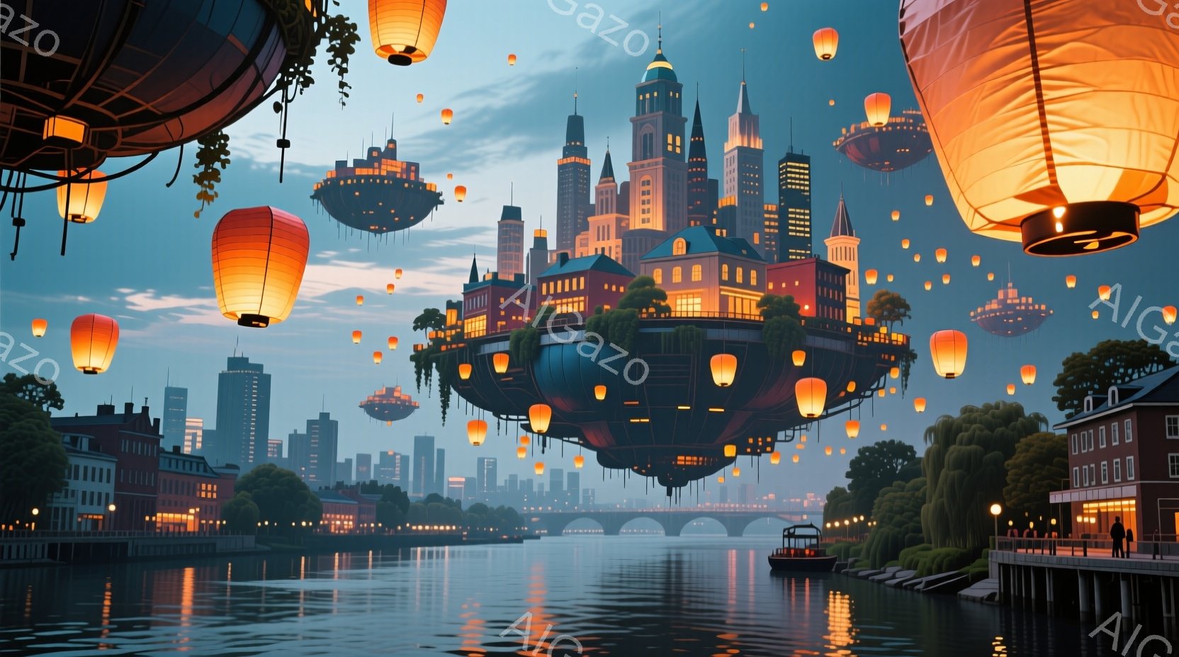 澄んだ水面に浮かぶ幻想的な都市が印象的な光景です。建物はまるで島のように空中に浮かび、無数の提灯が夜空を彩り、温かく穏やかな雰囲気を作り出しています。遠景には橋や街並みが広がり、水面に反射して美しい光景を作り出しています。