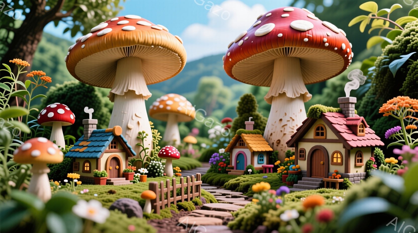 カラフルなキノコが点在する幻想的な風景です。キノコの傘の下には可愛らしい家々があり、煙突から煙が上がっています。緑豊かな植物と花々、そして石畳の道が、温かく、おとぎ話のような雰囲気を醸し出しています。