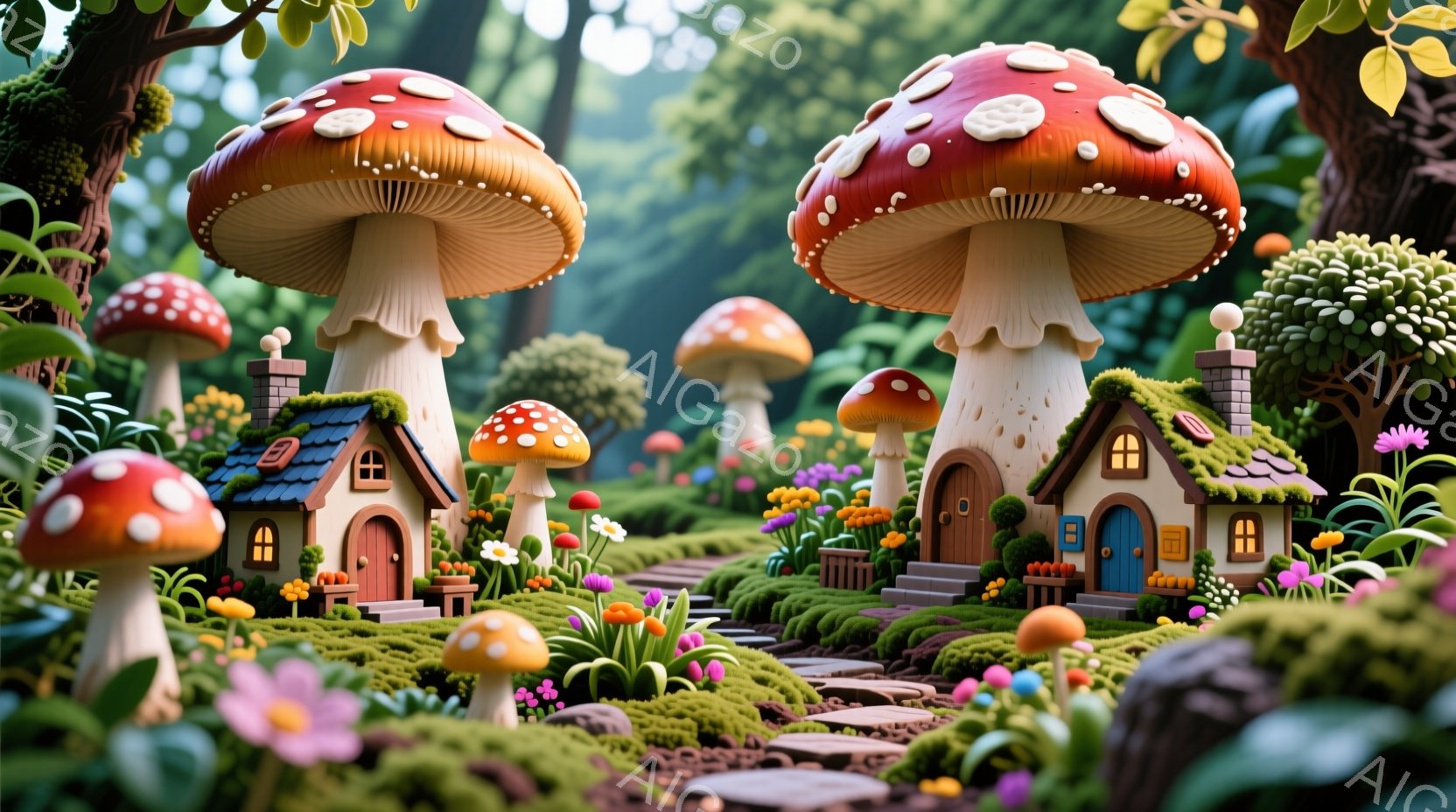 緑豊かな森の中に、キノコを屋根とした可愛らしい家々が点在しています。色とりどりの花々が咲き乱れ、苔むした小道が家々へと続いており、まるで妖精が住む世界のような雰囲気を醸し出しています。全体的に明るく、暖かく、幻想的な雰囲気が漂っています。