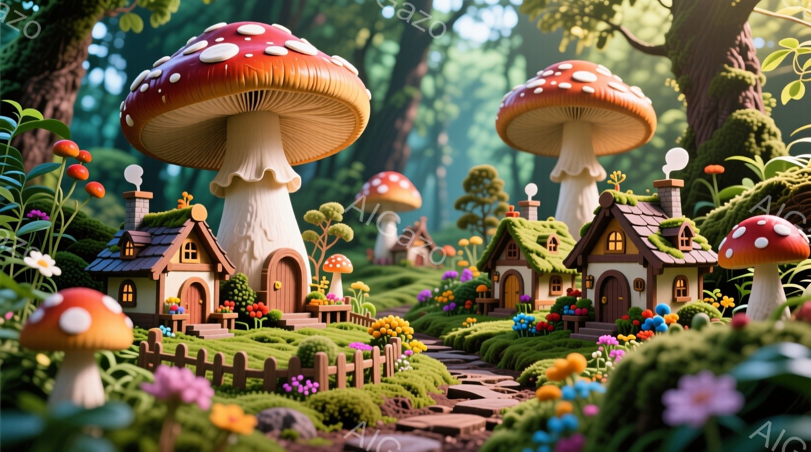 鮮やかなキノコが家屋のようにそびえ立ち、まるで妖精の住む世界のような光景が広がっています。緑豊かな草地と色とりどりの花々が咲き乱れ、小道がキノコの家々へと続いています。背景には木々が生い茂り、全体的に暖かく幻想的な雰囲気が漂っています。