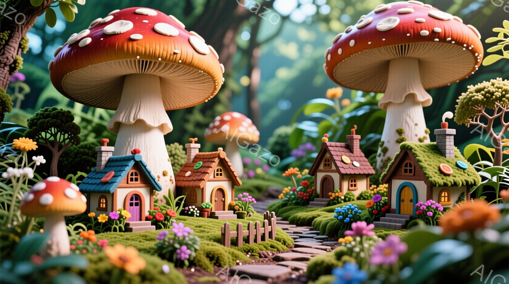 鮮やかな赤い傘を持つ大きなキノコが、まるで家のように見える可愛らしいミニチュアの家々の上にそびえ立っています。緑豊かな苔むした地面には色とりどりの花が咲き乱れ、小さな石畳の道が家々へと続いており、ファンタジーの世界の雰囲気を醸し出しています。全体的に、明るく、おとぎ話のような、夢幻的な雰囲気が漂っています。