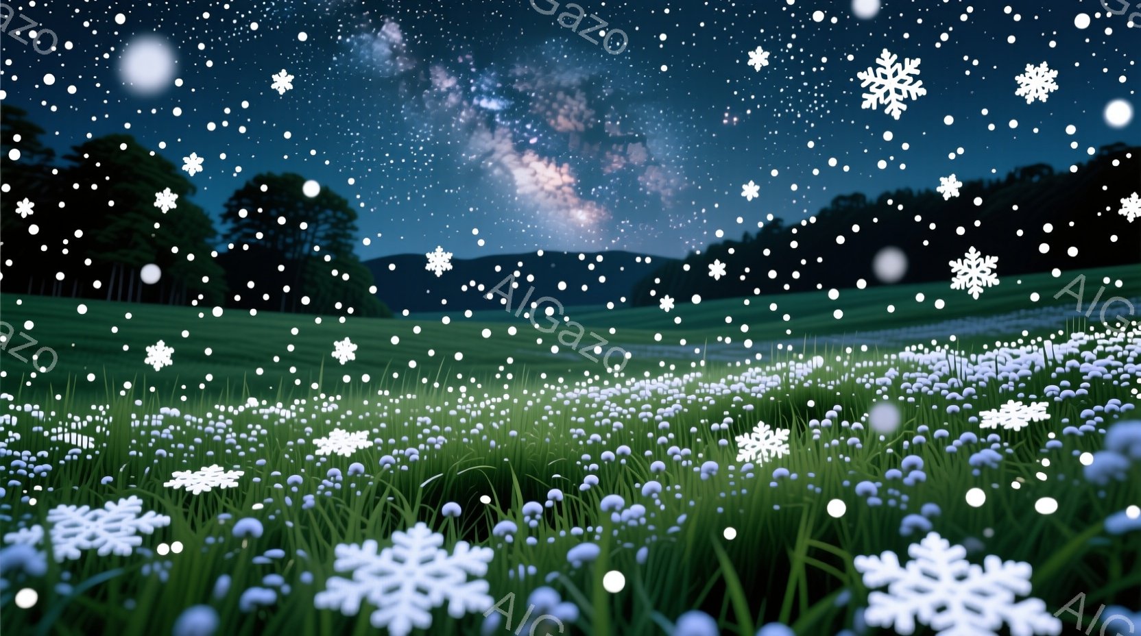 広大な草原が白く小さな花で覆われ、夜空には天の川が輝いている。遠くにはシルエットのような木々が並び、幻想的な雰囲気を醸し出している。全体的に静寂で穏やかな情景が広がっており、自然の美しさを感じさせる。