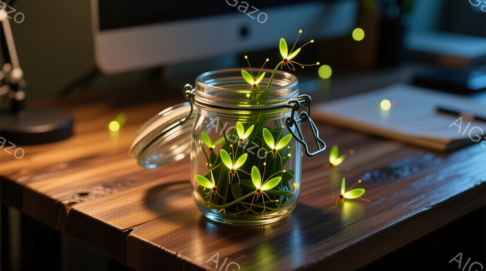 光る植物が瓶の中に閉じ込められ、幻想的な光を放っている。瓶は木製のテーブルの上に置かれ、背後にはぼやけたコンピューターモニターと紙が見える。 全体的に、暖かく、穏やかで、少し神秘的な雰囲気が漂っている。