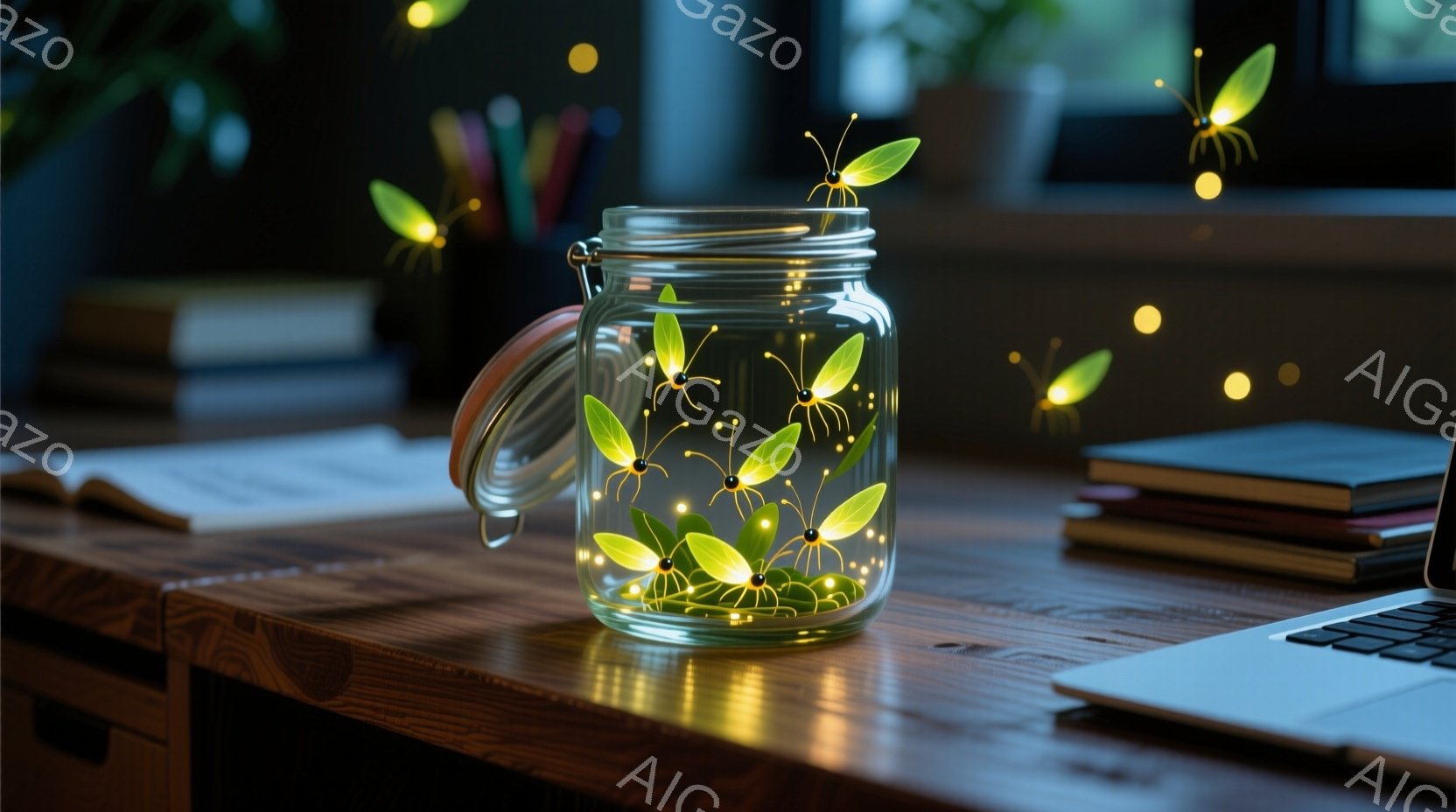 磨かれた木製の机の上に、蓋を開けたガラス瓶があり、中には光る緑色の植物のようなものが複数浮かんでいます。背景には、本やノートパソコン、筆記用具などがぼんやりと見え、暖かく幻想的な雰囲気を醸し出しています。光る植物たちは、まるでホタルのように周囲に散らばり、静かで穏やかな夜の情景を連想させます。