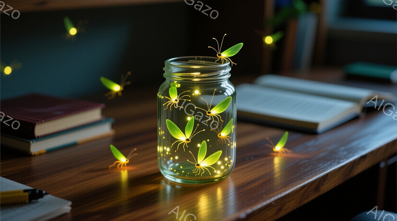 濃い木製の机の上にガラスの瓶があり、その中に発光するホタルが複数舞っている様子が捉えられています。瓶の周りにも数匹のホタルが飛び交い、温かく幻想的な雰囲気を醸し出しています。奥には本が置かれ、静かで穏やかな夜の情景を想像させます。