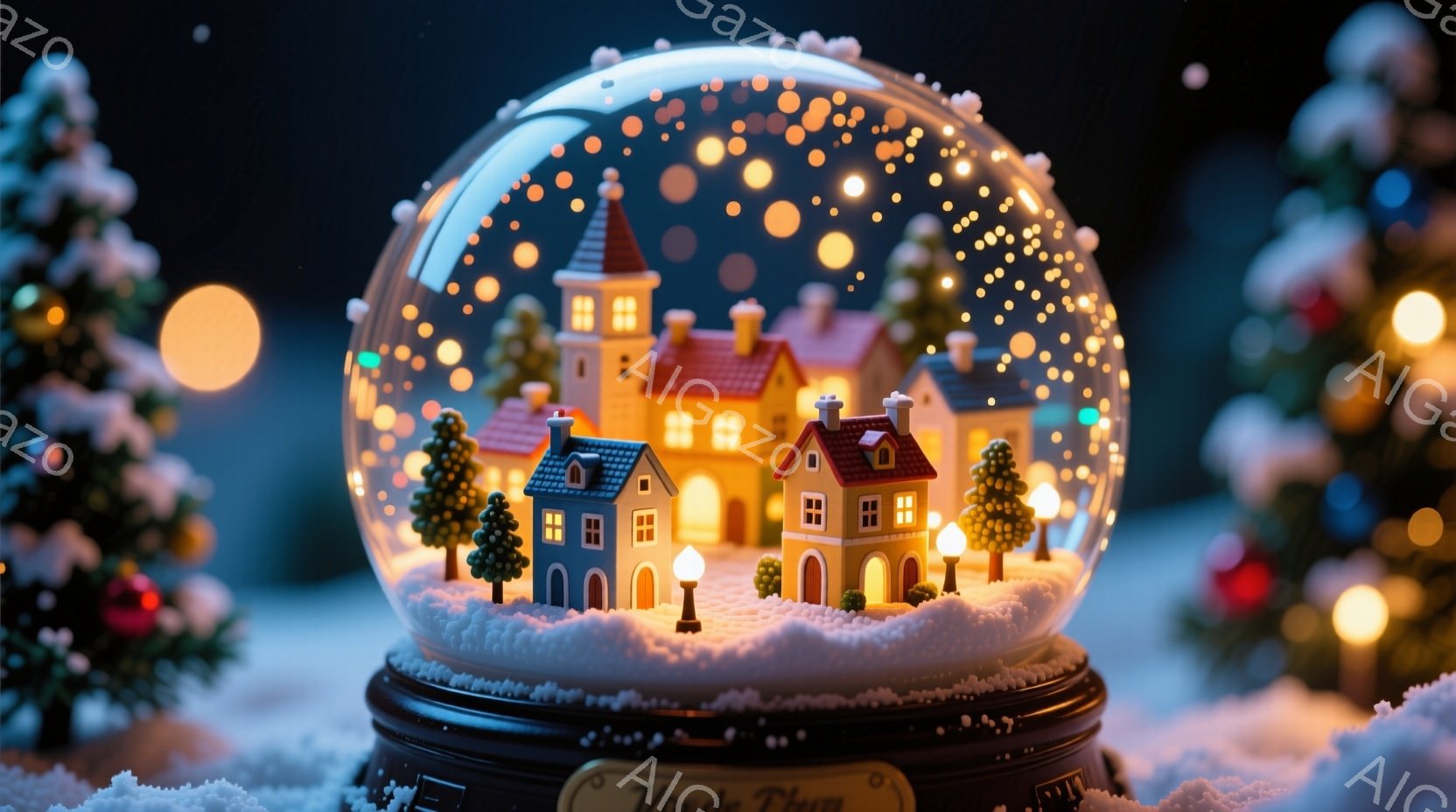 ガラスの球体の中に、雪景色を模したミニチュアの村が広がっている。オレンジやクリーム色の屋根を持つ可愛らしい家々が並び、窓からは温かい光が灯っており、小さな街灯も点灯している。全体的に暖かく幻想的な雰囲 - AI生成フリー素材