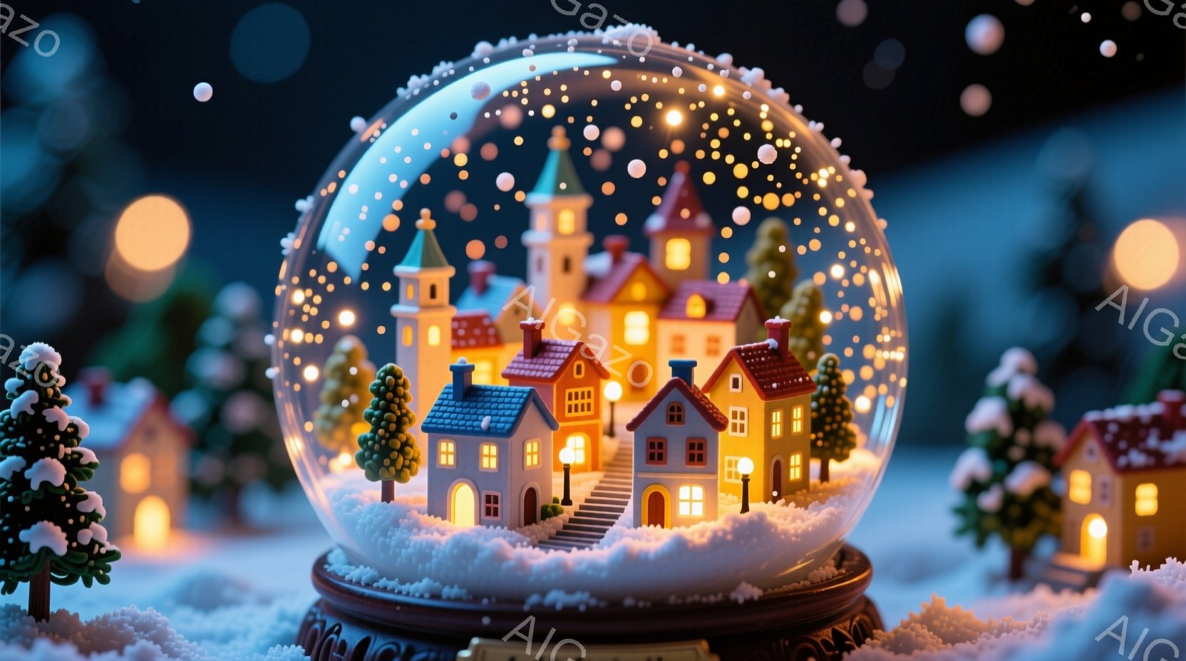 雪が降る夜の、ガラスのドームの中に小さな村が広がっています。家々は温かい光を放ち、雪に覆われた屋根と階段が可愛らしい雰囲気を醸し出しています。背景は暗い夜空で、遠くに見える光が幻想的な冬の景色を作り出 - AI生成フリー素材