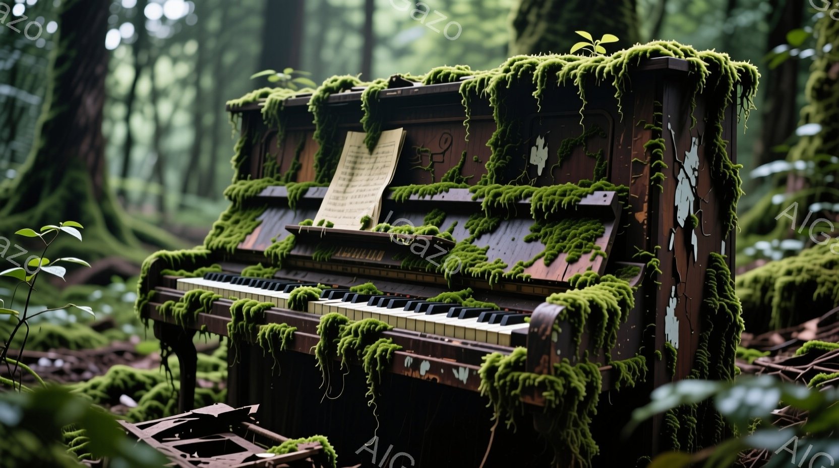 古びたアップライトピアノが、緑色の苔に覆われて森の中に佇んでいる。ピアノの表面は剥がれ落ち、長年の放置によって風化した様子が伺える。背景には鬱蒼とした木々が広がり、湿った空気と静寂が漂う、廃墟と自然が融合した幻想的な雰囲気を醸し出している。