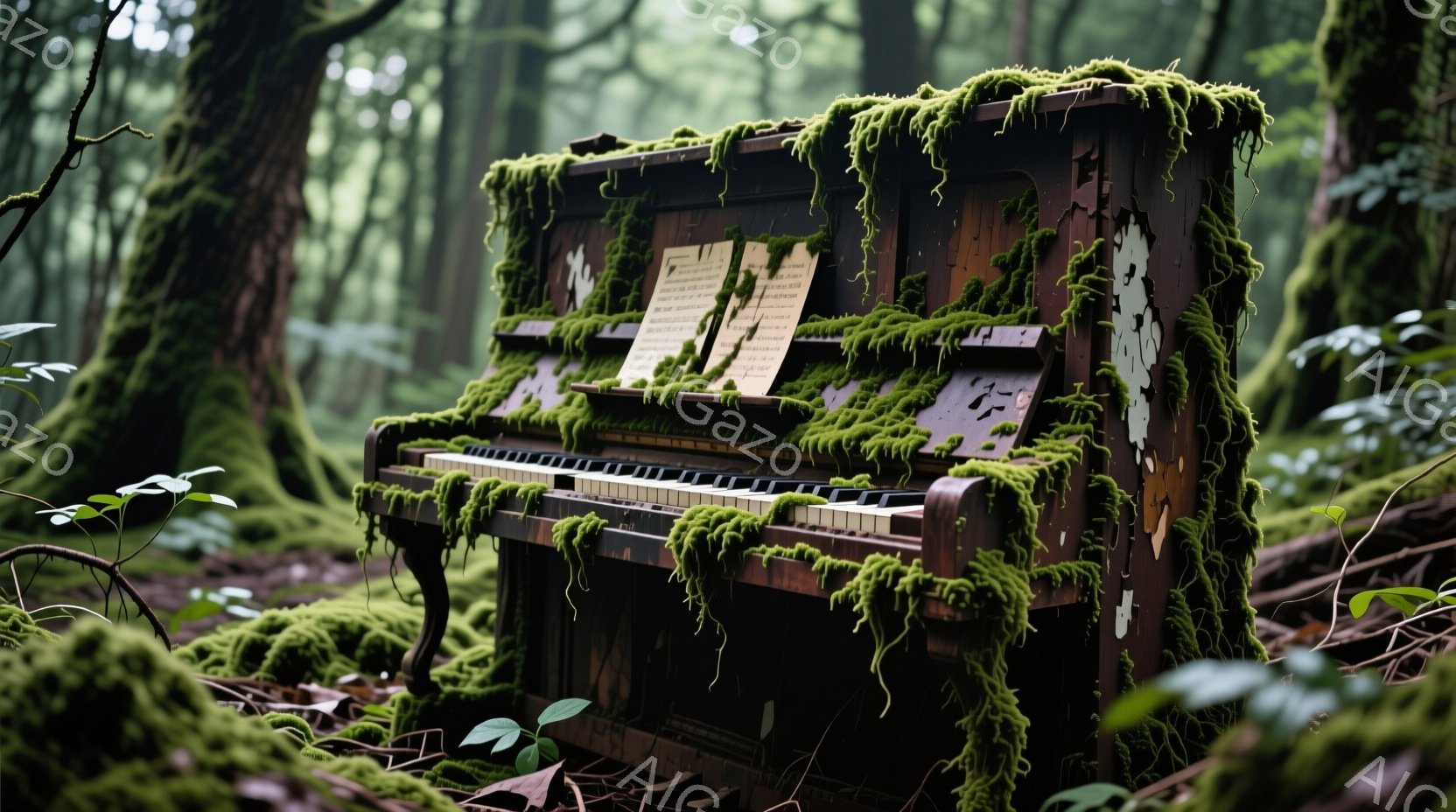 鬱蒼とした森の中に、苔むした古びたピアノが置かれている。ピアノ全体が緑色の苔に覆われ、長年放置されている様子が伺える。背景には深い緑の木々が広がり、湿った空気と静寂が漂う、幻想的な雰囲気を醸し出している。