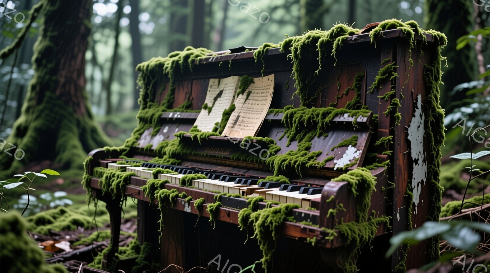 古びたアップライトピアノが、緑豊かな森の中に置かれている。ピアノ全体に苔がむしり取ったように生い茂り、鍵盤の一部は欠損している。背景は鬱蒼とした木々で、霧がかかったような薄暗い雰囲気が漂い、まるで時間が止まったかのような神秘的な光景である。