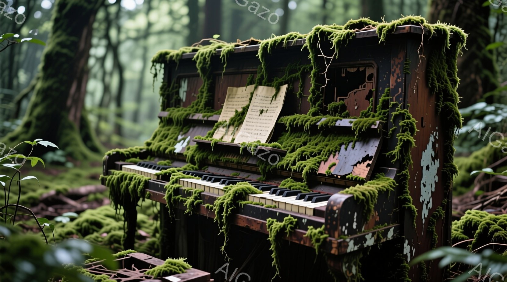 古びたアップライトピアノが鬱蒼とした森の中に置かれている。ピアノ全体に緑色の苔が覆い、長い年月を経て自然に還りつつある様子が伺える。背景には木々が生い茂り、霧がかったような薄暗い光が、忘れ去られたピアノに寂しげな雰囲気を添えている。