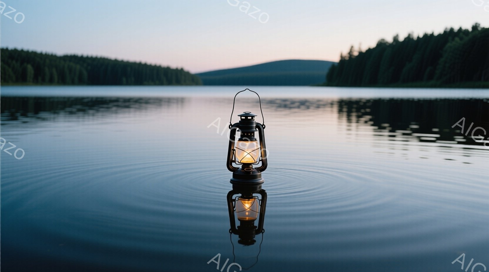 静かな湖面に、オイルランタンが浮かび、水面にその姿を映し出している。背景には緑豊かな山々が連なり、空は夕暮れ時の薄いオレンジ色と青色が混ざり合っている。 全体的に穏やかで神秘的な雰囲気が漂い、静寂の中 - AI生成フリー素材