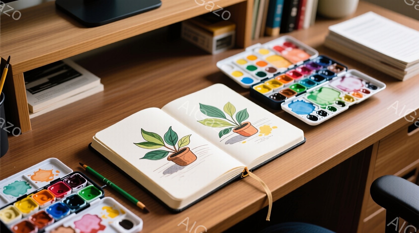 開いたスケッチブックが、明るい木の机の上に置かれています。スケッチブックには、鉢植えの植物が水彩で描かれており、鮮やかな色彩のパレットと鉛筆がその隣に並んでいます。背景には本棚と椅子が見え、穏やかで創造的な雰囲気が漂っています。