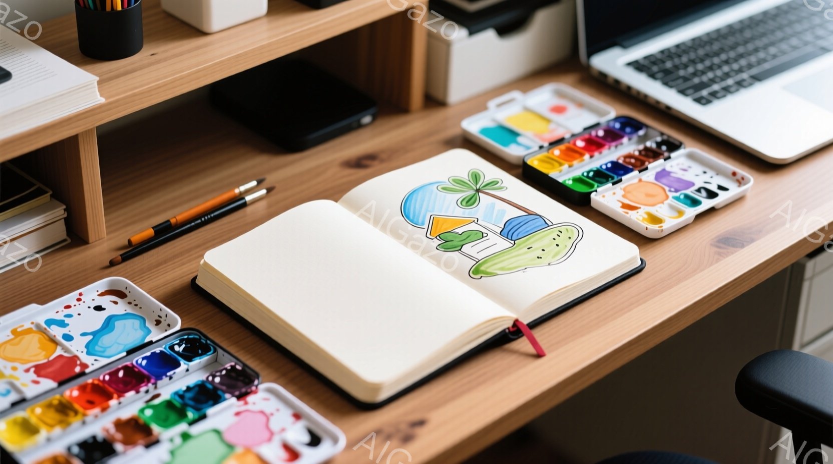 木目調の机の上に、開いたスケッチブックと水彩絵の具のパレットが置かれています。スケッチブックには、鮮やかな色で描かれた建物と植物のイラストが描かれており、画筆が添えられています。背景にはノートやラップトップが見え、創造的な作業空間であることを示唆しています。