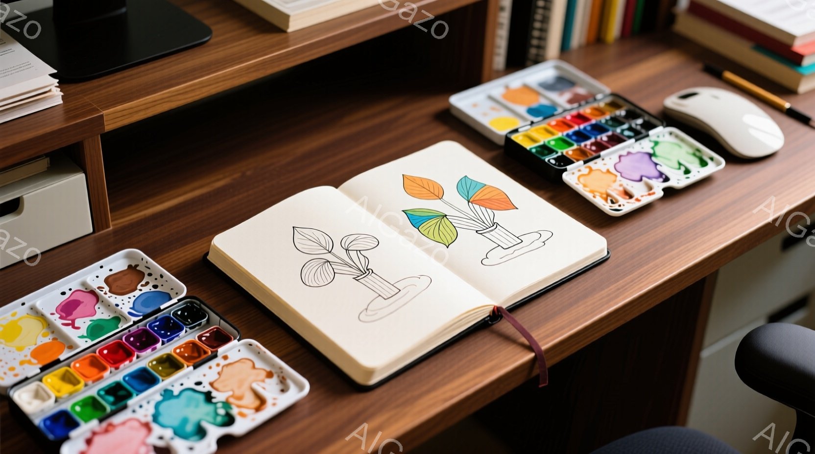 開かれたスケッチブックが木製の机の上に置かれ、線画の植物のイラストが描かれています。隣には、使用済みの水彩絵の具パレットが２つあり、鮮やかな色彩が残っています。背景には本棚の一部と椅子が見え、集中して創作活動を行うための静謐な雰囲気が漂っています。