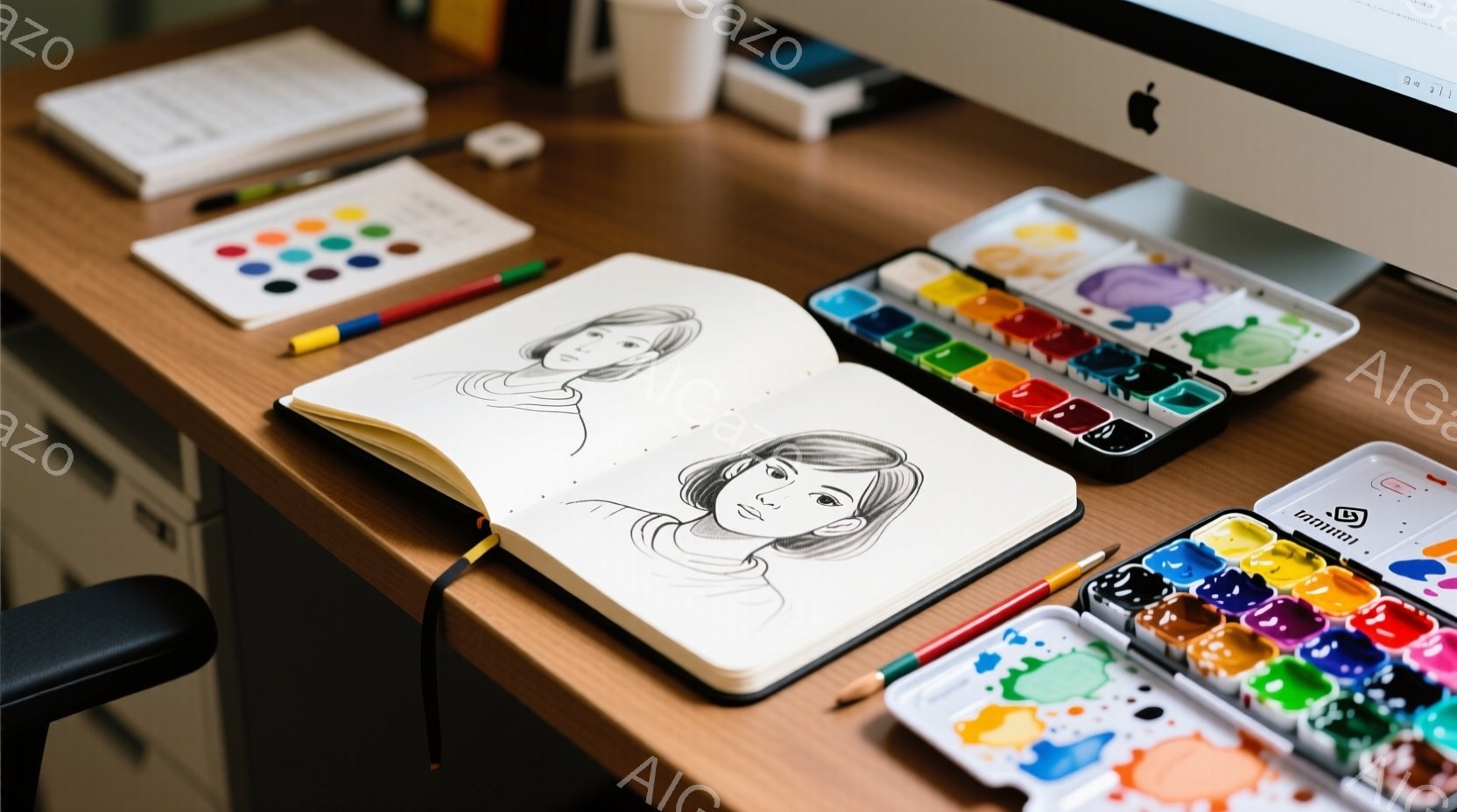 開かれたスケッチブックには、髪を後ろで一つにまとめた若い女性の顔の線画が描かれている。周りには色鉛筆や水彩絵の具のパレットが置かれ、木製の机の上に整然と並べられている。暖かく落ち着いた雰囲気で、絵を描くための準備が整っている様子が伺える。