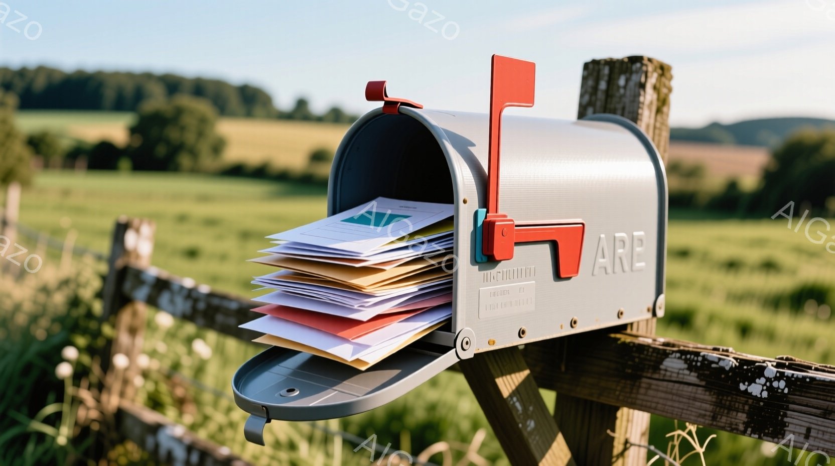 郵便受けが、緑豊かな田園風景の中に設置されています。郵便受けの中には、様々な色の手紙や郵便物がぎっしりと詰まっており、まるで日常の出来事や繋がりが詰まっているかのようです。背景には、遠くの丘陵と青々とした牧草地が広がり、穏やかで平和な雰囲気を醸し出しています。
