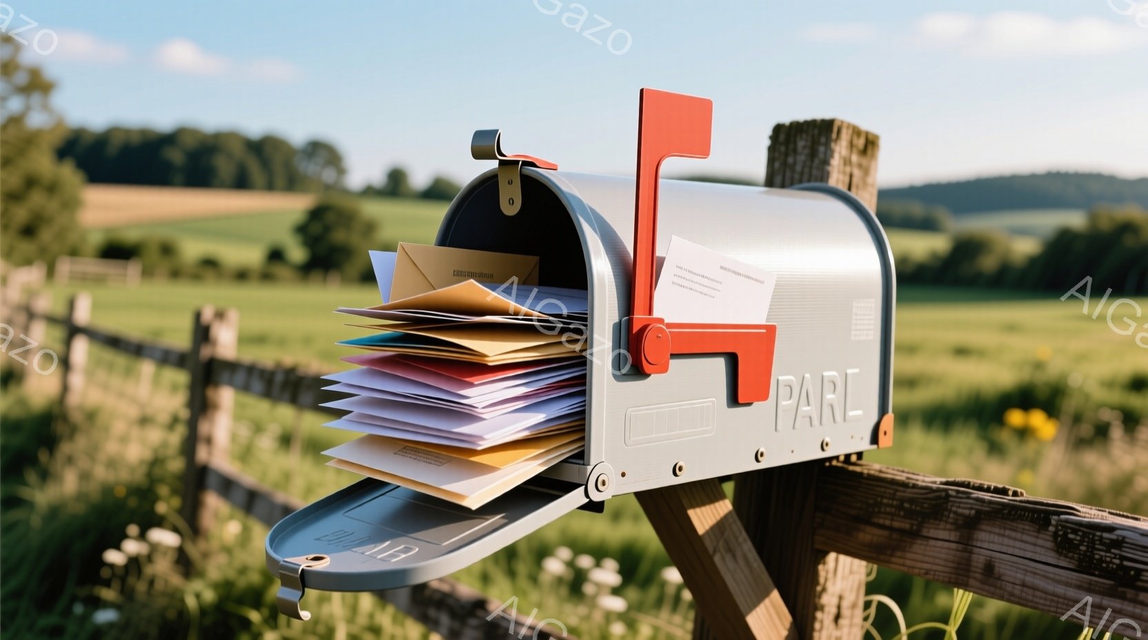 郵便受けが開いており、中には色とりどりの手紙や書類がぎっしりと詰まっている。背景には緑豊かな牧草地が広がり、木製の柵が並び、穏やかな晴天の下で、田園風景が広がっている。全体として、手紙で満たされた郵便受けと、自然に囲まれた静かな環境が、温かくのどかな雰囲気を醸し出している。