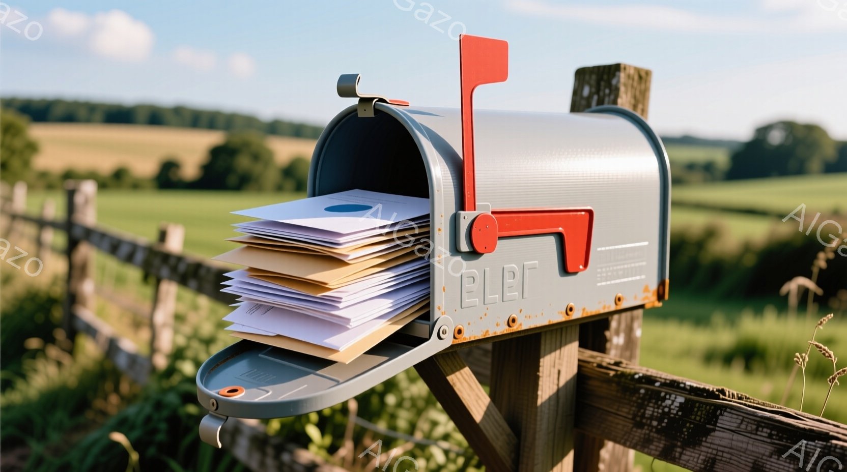 郵便ポストが開いており、中には様々な色の手紙や郵便物がぎっしりと詰まっています。背景には緑豊かな牧草地と、遠くに見える起伏のある丘陵地帯が広がっており、天候は晴れで、穏やかな雰囲気です。この郵便ポストは木製の柱に取り付けられており、田園風景の中に溶け込んでいます。