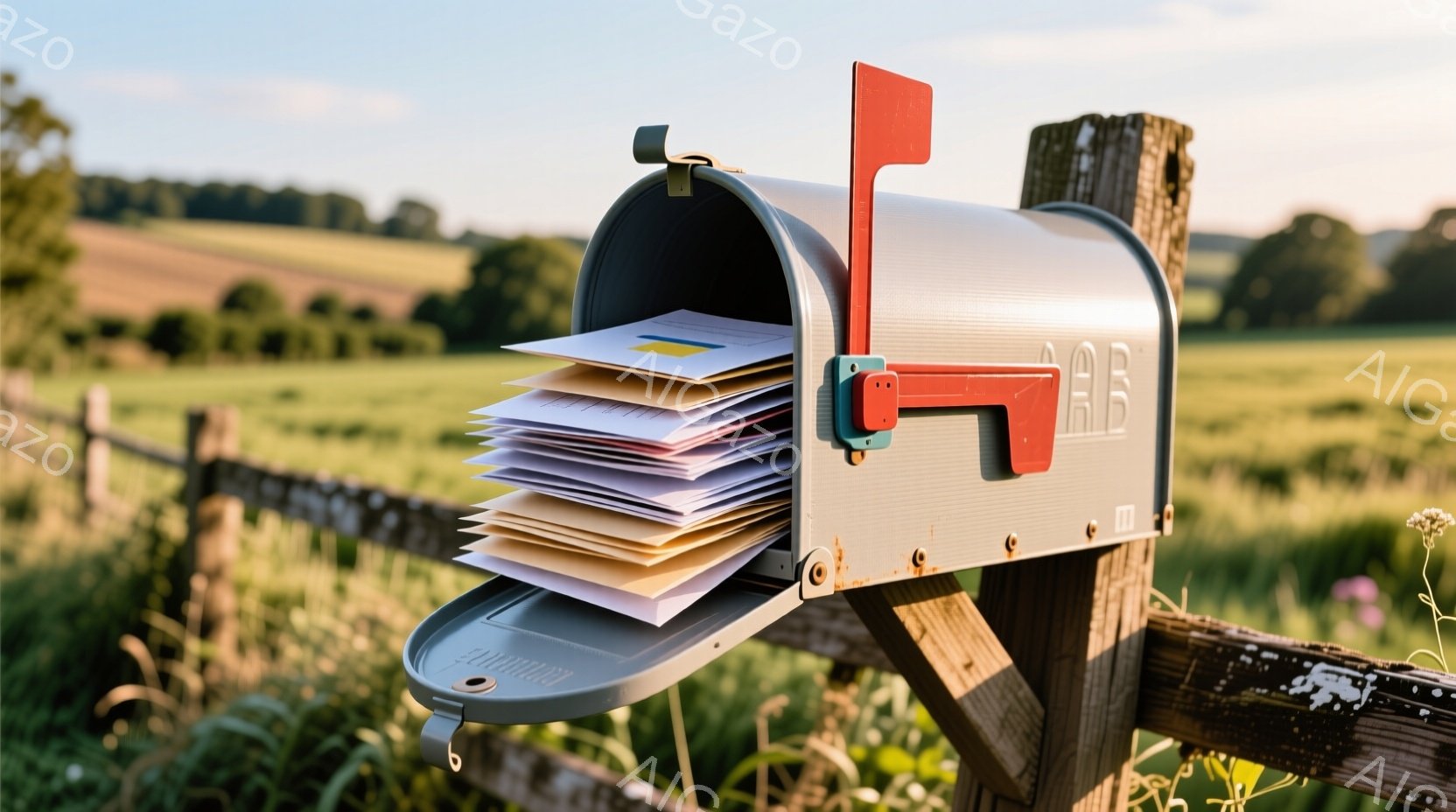 郵便受けが開いており、たくさんの手紙が中に入っています。背景には緑の丘と牧草地が広がり、柵が郵便受けを囲んでいます。全体的に穏やかで田舎の風景を思わせる、平和な雰囲気です。