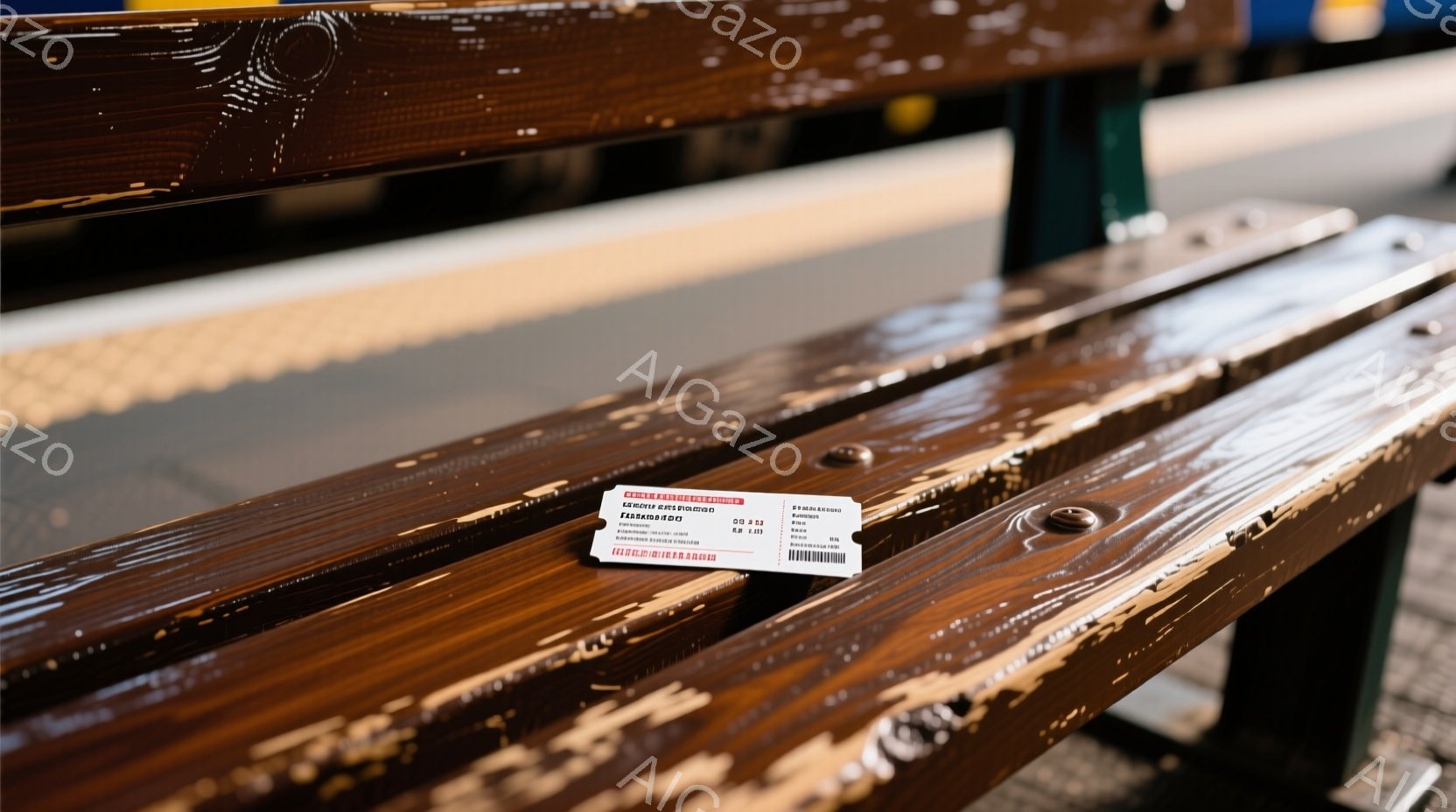 茶色い木製のベンチの上に、小さなチケットが置かれている。ベンチは公園か駅の待合室のような場所にあるようで、背景にはぼやけた景色が見える。全体的に落ち着いた雰囲気で、静寂な時間が流れているように感じられる。