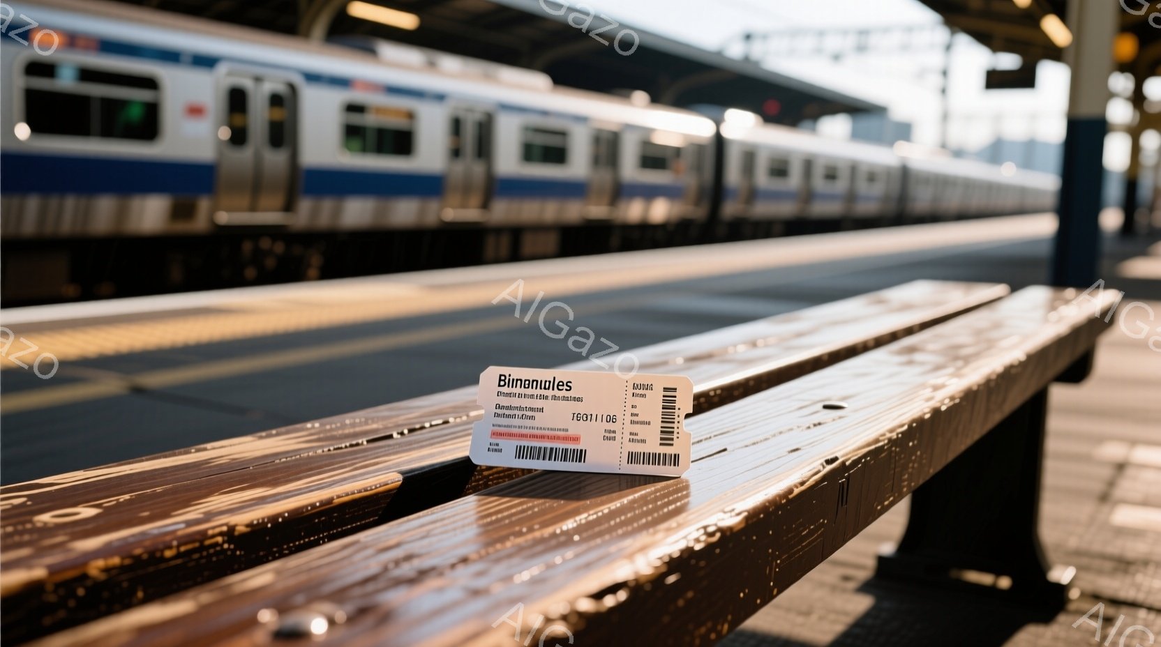 木製のベンチの上に、鮮やかなオレンジ色の入場券が置かれています。背景には、ぼやけた線路と、何台かの白い電車が見え、鉄道駅のプラットフォームであると考えられます。 全体的に暖かく、静かな雰囲気で、何かの旅立ちや移動を予感させる写真です。