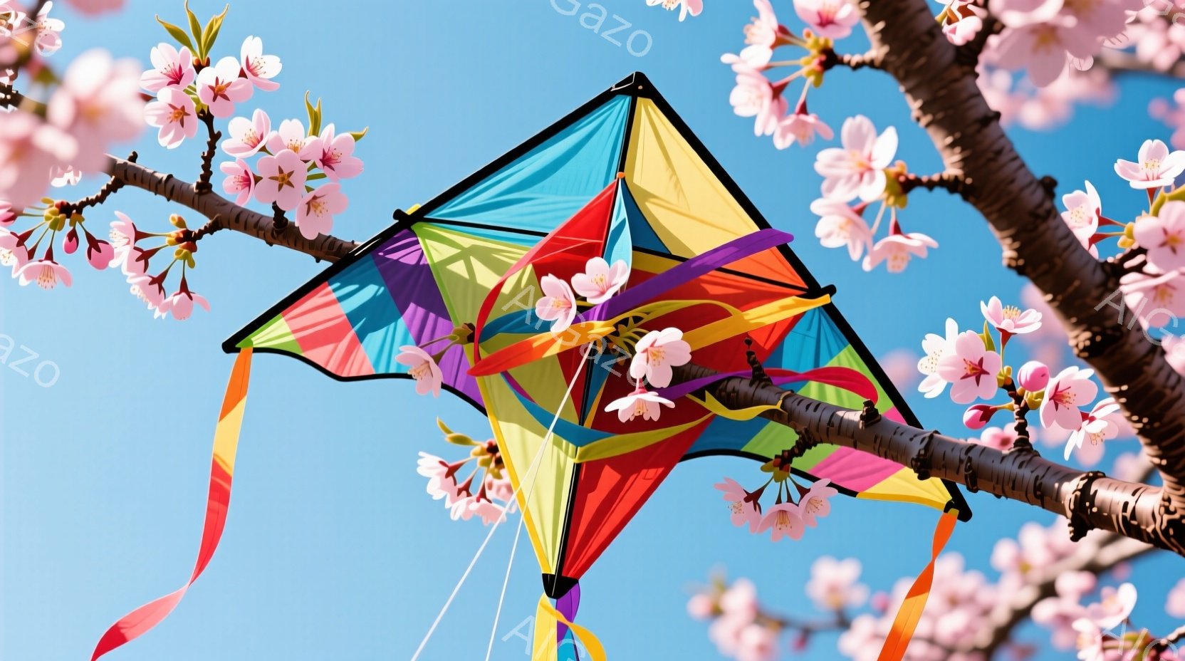 空には、カラフルな凧が舞い上がっています。凧は赤、青、黄色、緑など様々な色が組み合わされており、春の明るい空を背景に鮮やかに映えています。凧の周りには桜の花が咲き乱れ、春の暖かく穏やかな雰囲気を醸し出しています。