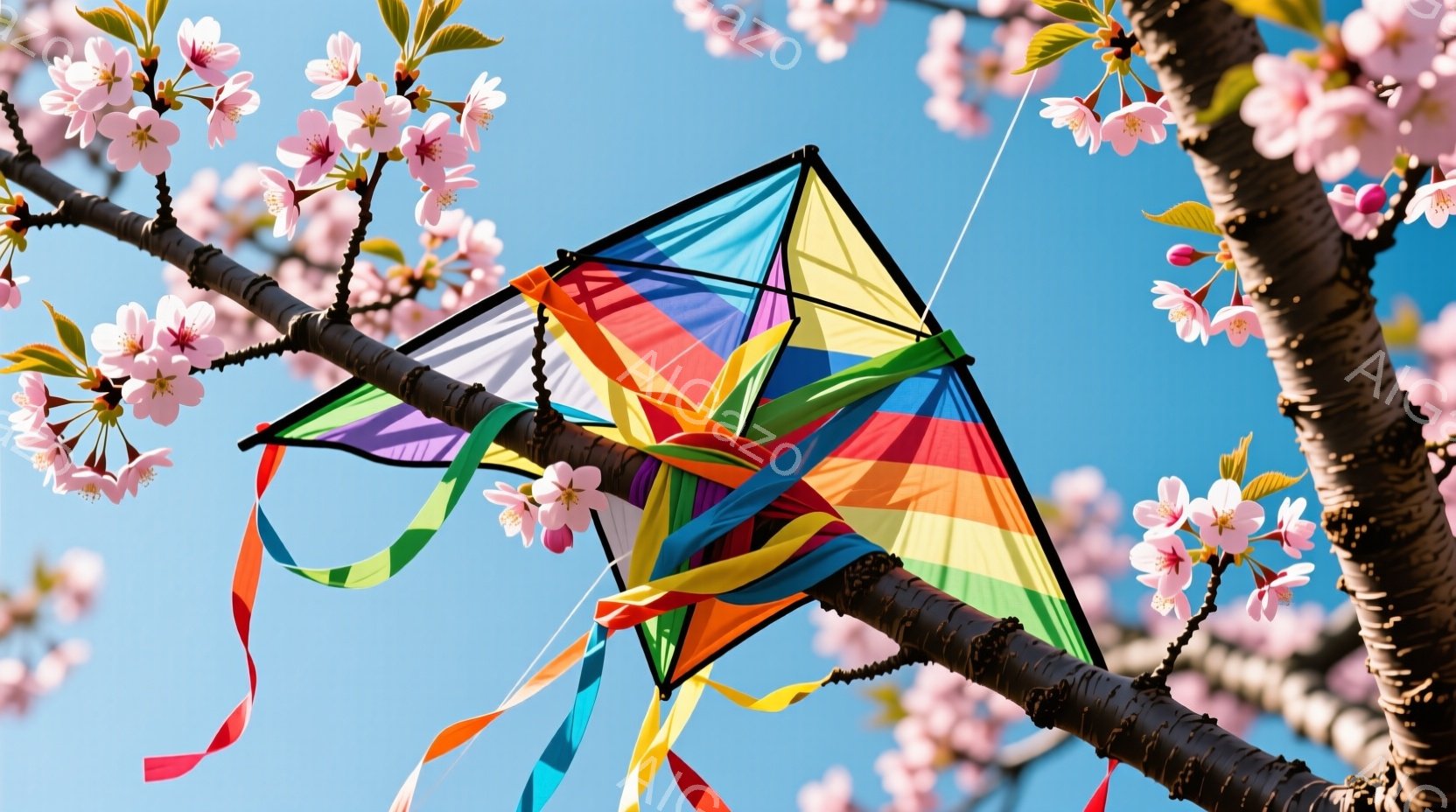 空は青く、ピンク色の桜の花が咲き乱れる中、カラフルな凧が木の枝に引っかかっている様子が写っている。凧は、紫、青、緑、黄、オレンジ、赤のストライプで構成され、鮮やかな色合いが目に飛び込んでくる。春の穏やかな日差しと桜の美しさが相まって、平和で明るい雰囲気を醸し出している。