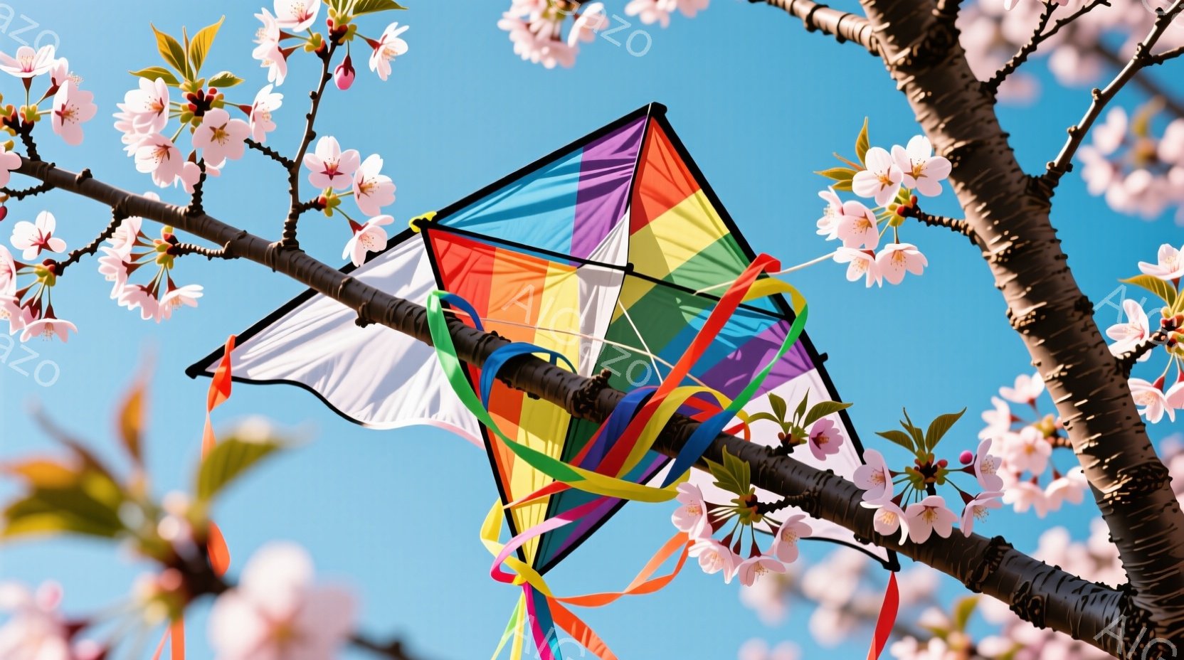 青空を背景に、桜の枝にカラフルな凧が引っかかっている様子が捉えられています。凧は白、赤、オレンジ、黄色、緑、青、紫と虹色に彩られており、多くのリボンが風に揺れています。桜の花びらが咲き乱れ、春の穏やか - AI生成フリー素材