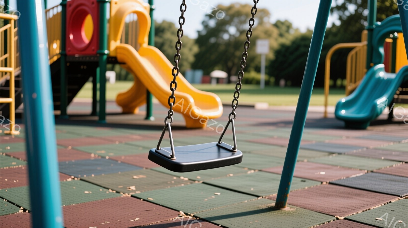 公園の遊具が写っており、青いブランコの座面が焦点になっています。背景には黄色と青のスライド、そして緑の芝生と木々が見え、晴れた日の穏やかな雰囲気を醸し出しています。遊具の下には、赤と茶色のゴム製安全マットが敷かれており、遊び場であることを示しています。