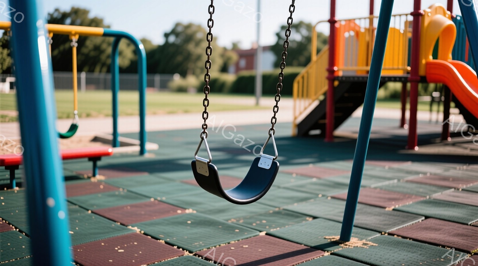 公園の遊具が写っており、青いブランコが中心に位置しています。地面はゴム製のタイルで覆われており、赤、緑、黒の色が交互に並んでいます。背景には遊具、緑の芝生、そして建物が見え、晴れた日の穏やかな雰囲気を感じさせます。