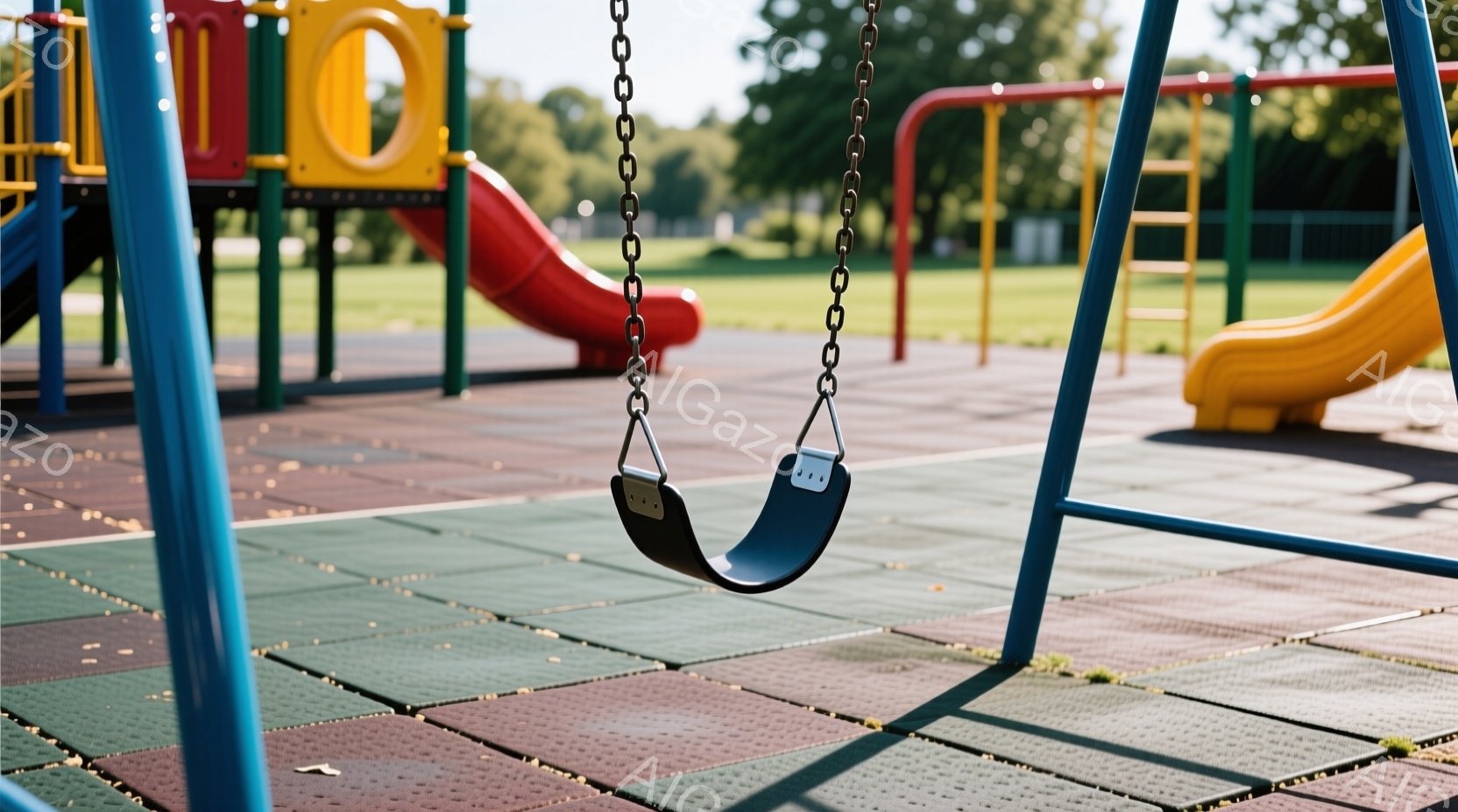 公園の遊具が写っており、青いブランコが中央に位置しています。地面は赤と緑のゴム製マットで覆われ、背景には赤いスライドと青いネットの遊具、そして緑豊かな木々が見えます。晴れた日の穏やかな雰囲気で、遊ぶ子供たちの声が聞こえてきそうな、静かで平和な光景です。