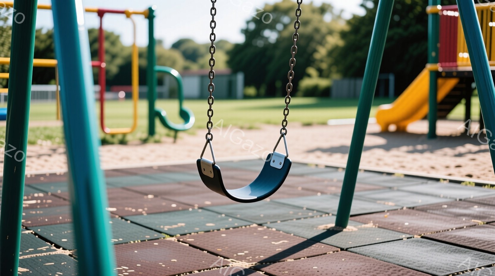 公園の遊具であるブランコが写っている。青いブランコはゴム製の床の上で揺れ、背景には緑の芝生とカラフルな他の遊具が見える。晴れた日差しの中で、穏やかで静かな雰囲気が漂っている。