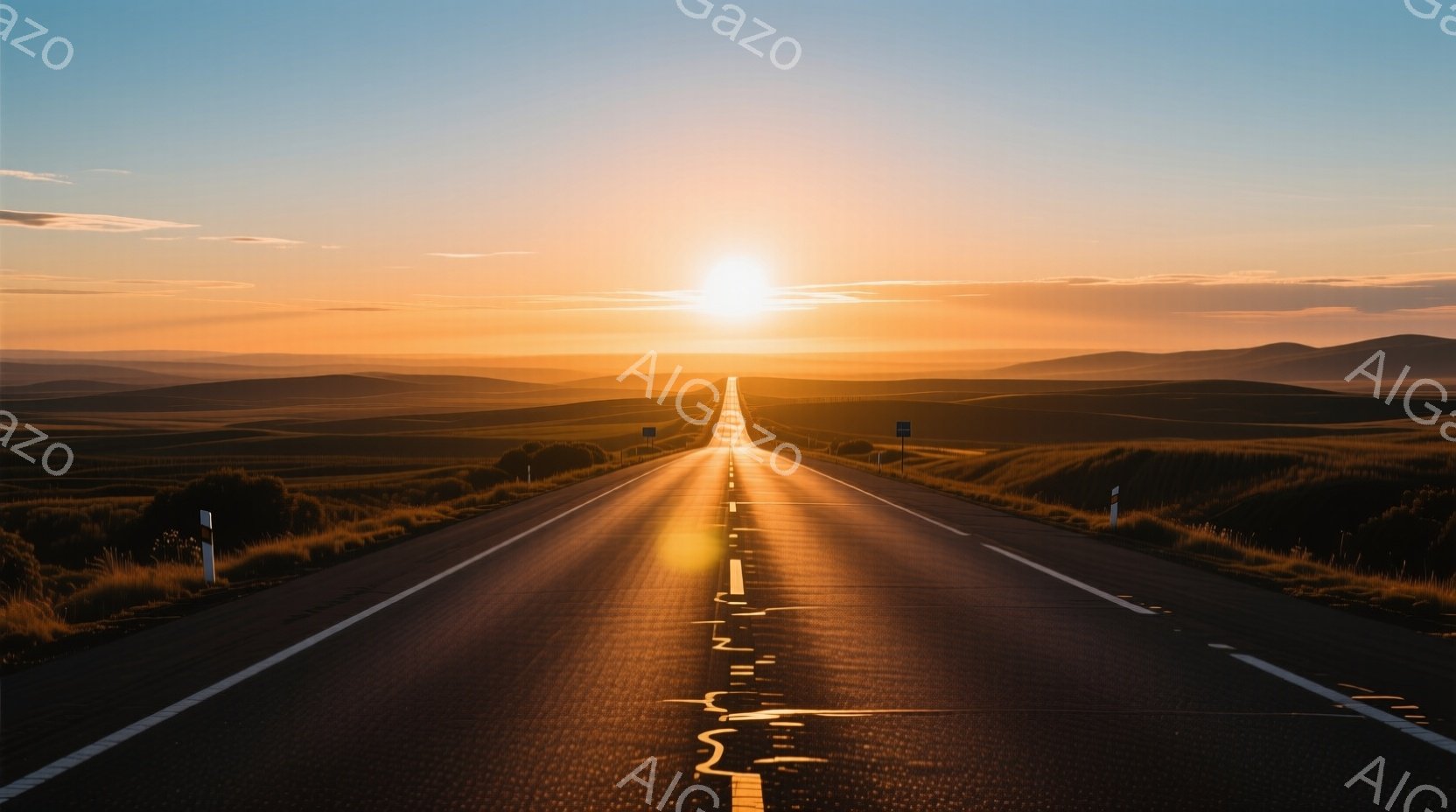 長く続く道が、夕焼けに染まる草原の中をまっすぐに伸びている。空はオレンジと黄色のグラデーションで、地平線に沈む太陽が強い光を放っている。道沿いには小さな灌木が点在し、遠くには穏やかな丘が見える、静寂と希望に満ちた風景だ。