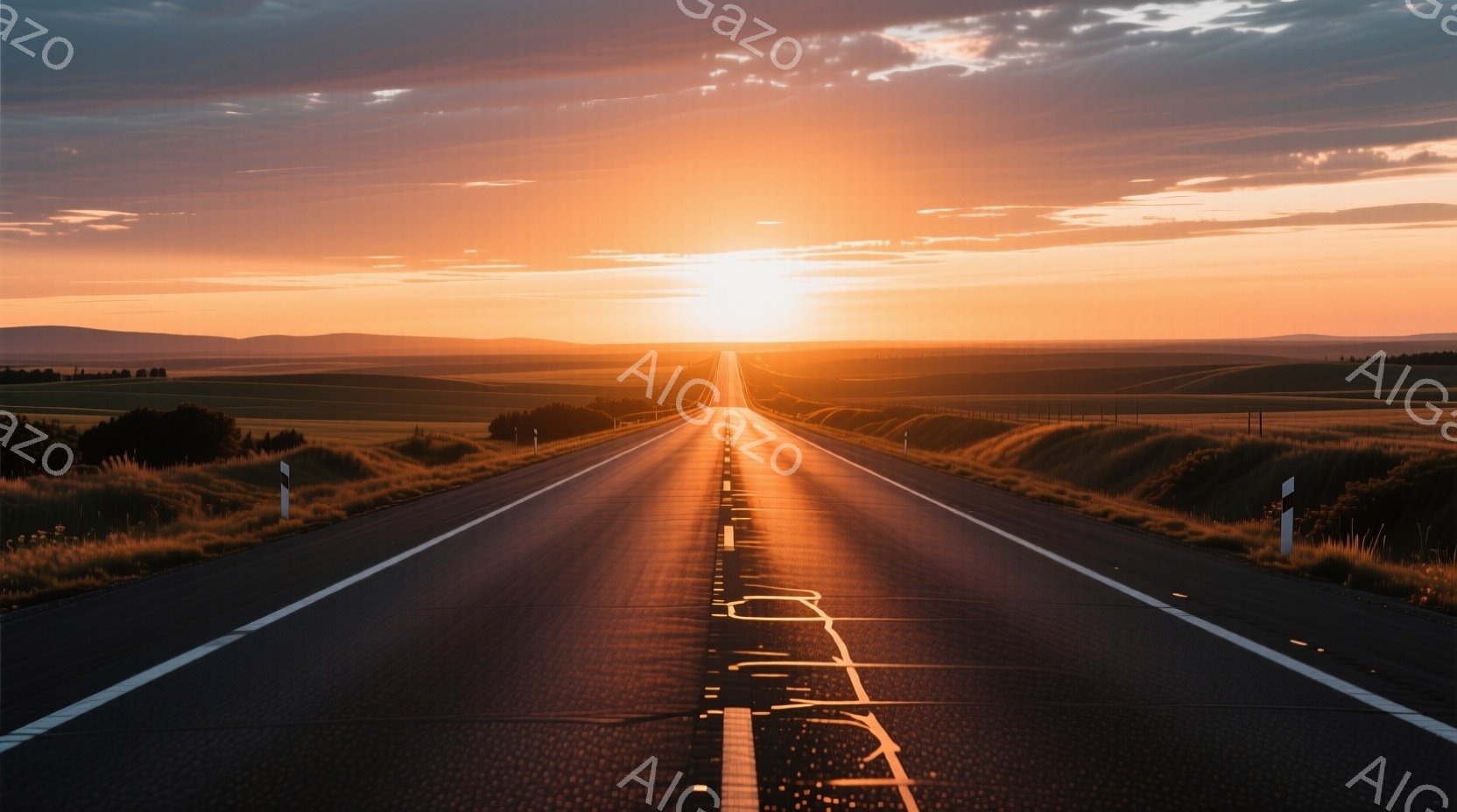 広大な草原を貫くように舗装された道路が、夕焼けに照らされて黄金色に輝いている。道路の左右には背の低い草が生い茂り、遠くにはかすかに山並みが見える。夕焼け空はオレンジ色と赤色のグラデーションで、暖かく穏やかな雰囲気を醸し出している。