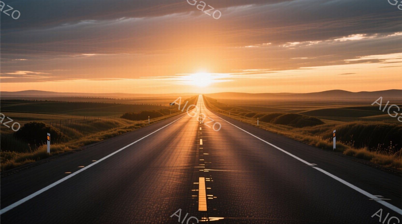 広大な草原を貫くように真っ直ぐな道路が写っている。夕焼けの名残で空はオレンジと黄色のグラデーションとなり、道路の路面にはその光が反射して照らされている。遠くには山々が連なり、穏やかでどこか懐かしい雰囲気を醸し出している。