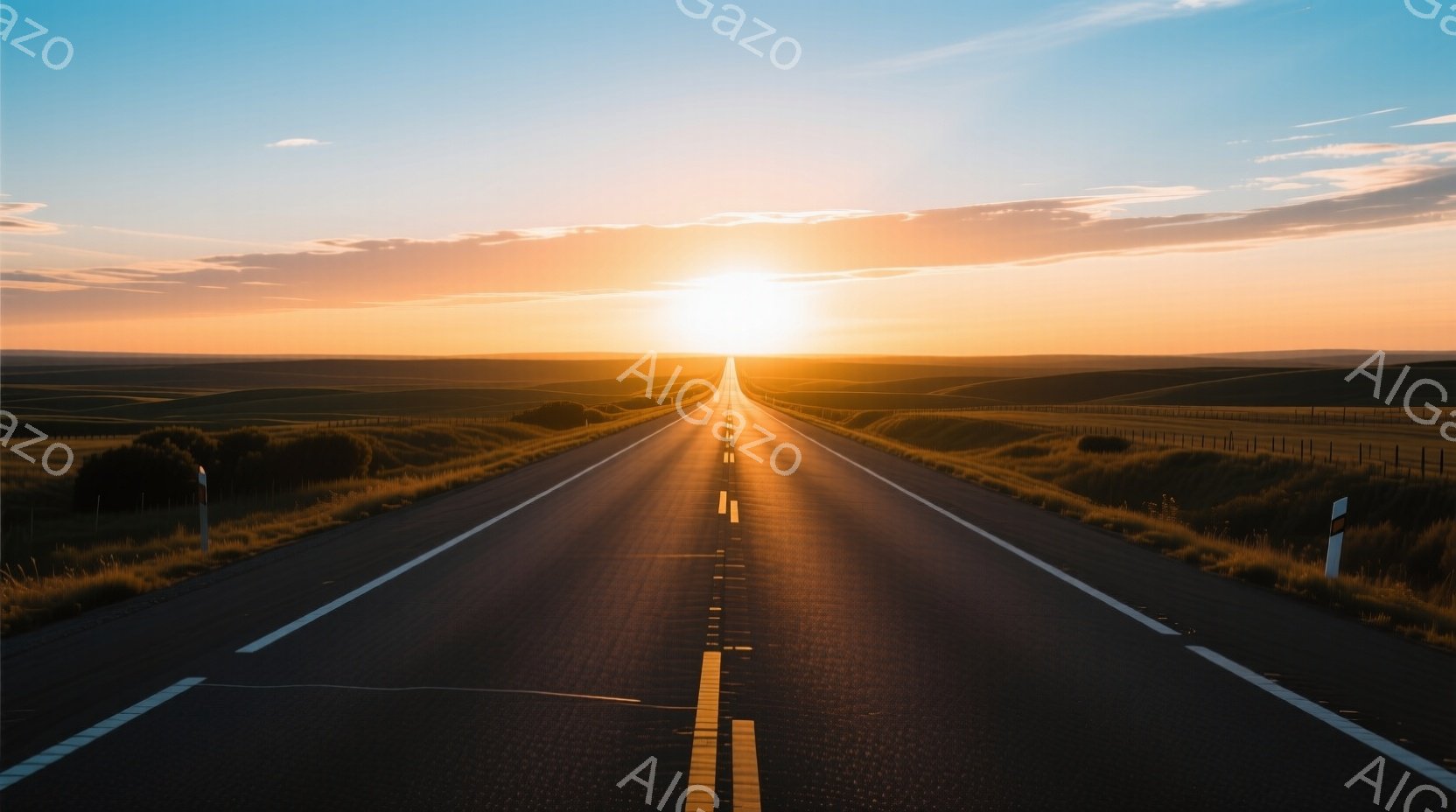 夕焼けが照らすまっすぐな道が印象的な風景です。道路はアスファルト製で、両脇に黄色の線が引かれ、遠くには緑の草原と丘が広がっています。空はオレンジ色と黄色が混ざり合い、温かく穏やかな雰囲気を醸し出しています。