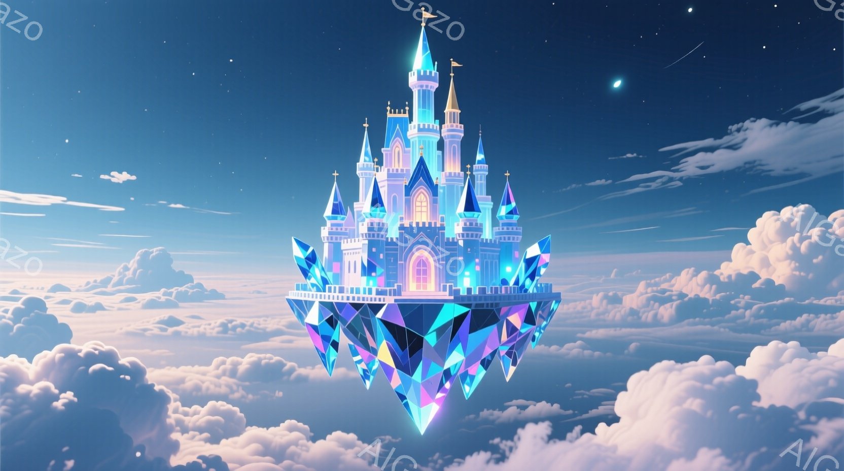 雲海の上に浮かぶ、きらびやかな青い城が印象的な画像です。城は多くの塔と尖塔を持ち、内部から暖かい光が漏れ出ています。背景は濃い青色の夜空で、星が散りばめられ、幻想的な雰囲気を醸し出しています。