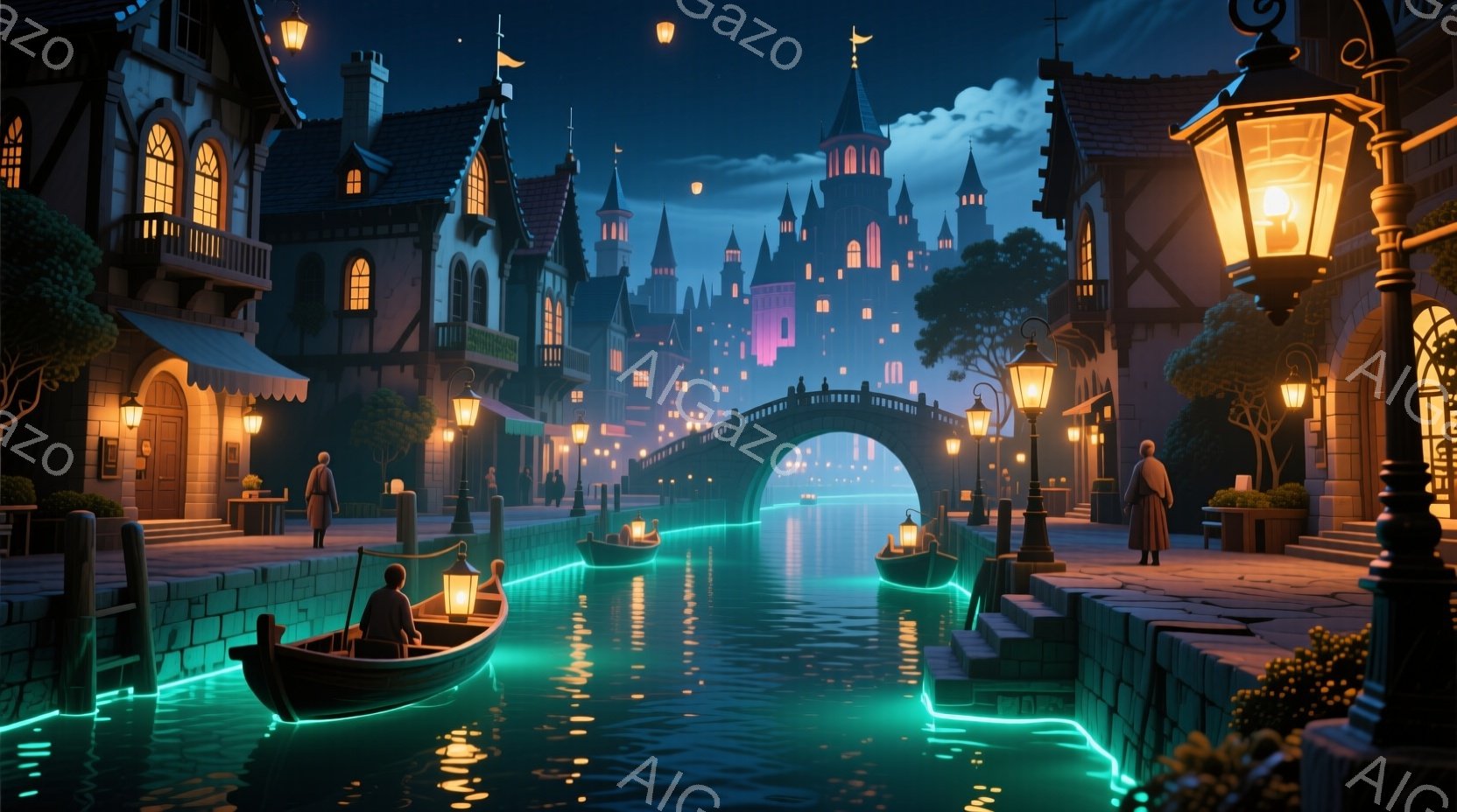 夜の運河が印象的な風景です。中世ヨーロッパ風の建物が両側に立ち並び、運河にはボートが浮かび、人々が静かに移動しています。建物からの温かい光と、運河に反射する光が幻想的な雰囲気を醸し出しています。