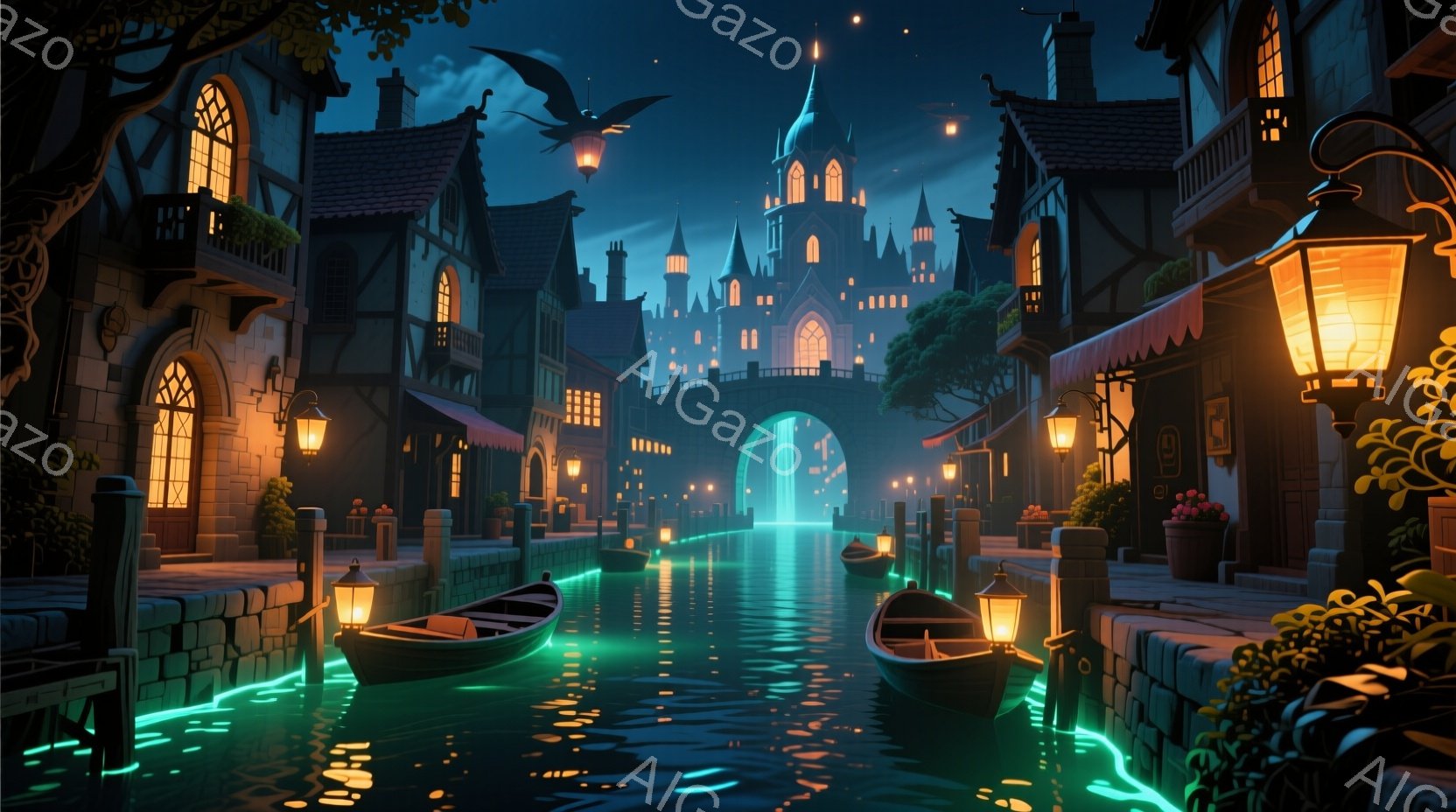 夜の運河が描かれており、中世ヨーロッパ風の建物が両岸に立ち並んでいます。運河の水面は青緑色に輝き、建物から漏れる暖色の光が水面に反射して幻想的な雰囲気を醸し出しています。背景には尖塔を持つ城のような建物がそびえ立ち、空には鳥が飛んでおり、静かで神秘的な夜の風景が広がっています。