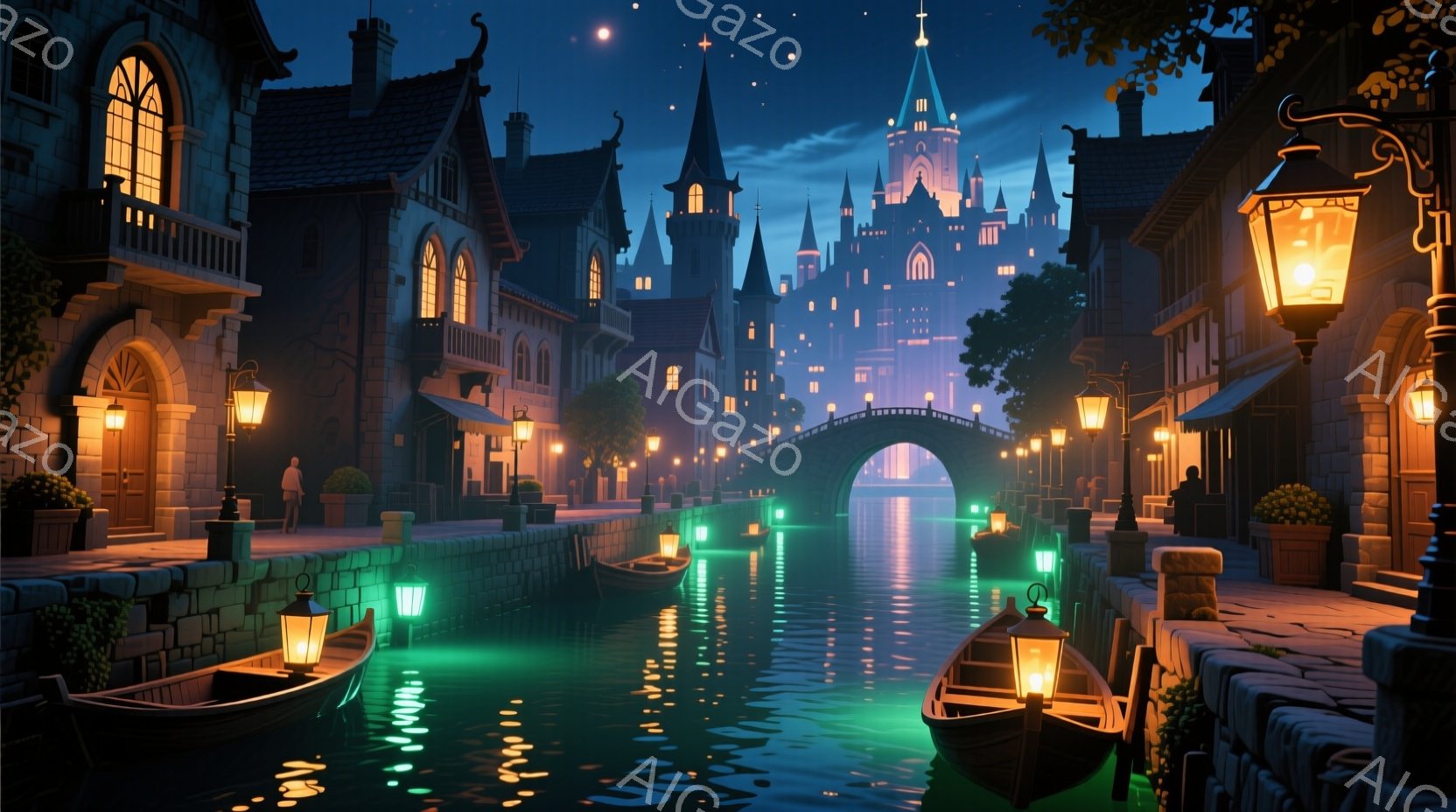 夜の運河が描かれており、両側には石造りの建物が立ち並び、窓からは温かい光が漏れています。運河には小さなボートが停泊し、それぞれのボートには明かりが灯っており、水面に光の反射が美しいコントラストを生み出しています。遠景には尖塔を持つ城のような建物が見え、夜空には星が輝き、神秘的で静かな雰囲気を醸し出しています。