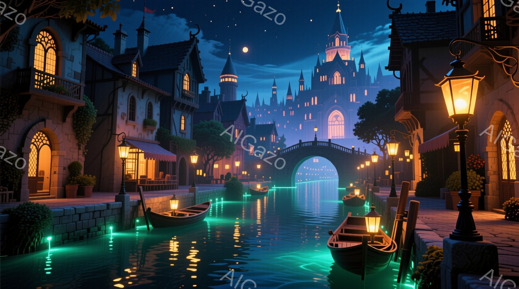 夜の運河が印象的な風景です。両脇に立ち並ぶ建物は、中世ヨーロッパの街並みを思わせるデザインで、窓から漏れる暖かい光が水面に反射しています。運河には小舟が浮かび、夜空には月と星が輝き、ロマンチックで幻想的な雰囲気を醸し出しています。