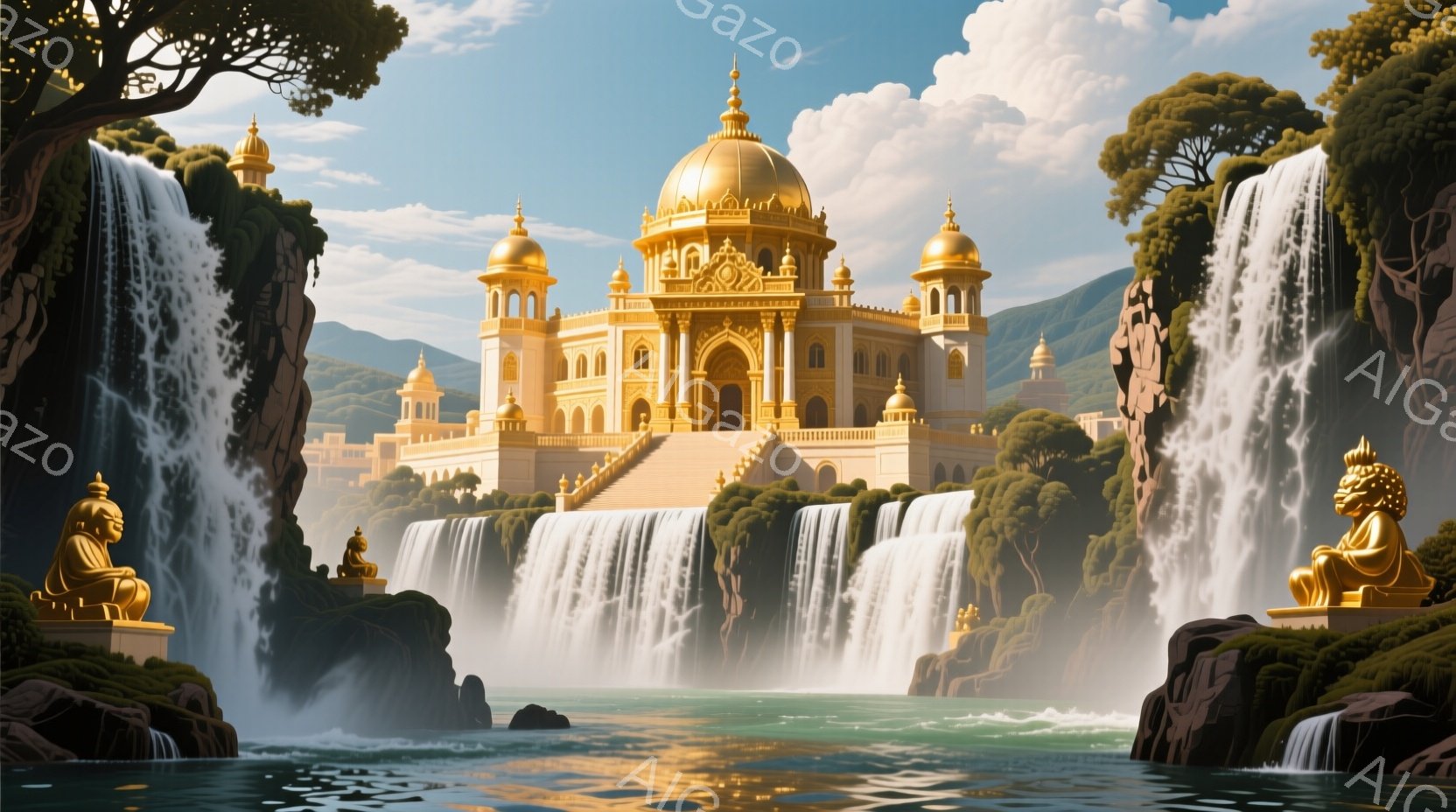 壮大な黄金色の寺院が滝の間にそびえ立ち、両脇には瞑想する仏像が配置されている。寺院は複雑な装飾が施され、滝の水の流れと周囲の緑豊かな自然とのコントラストが美しい。穏やかな光と水音、そして荘厳な建築物が調和し、神秘的で平和な雰囲気を醸し出している。