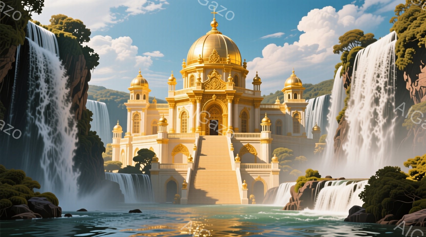 壮大な寺院が、滝の間にそびえ立っている様子が描かれています。寺院は金色を基調とし、白とクリーム色の装飾が施され、豪華で神聖な雰囲気を醸し出しています。滝は勢いよく流れ落ち、寺院へと水しぶきをあげ、緑豊かな自然と澄んだ青空が、その美しさを引き立てています。