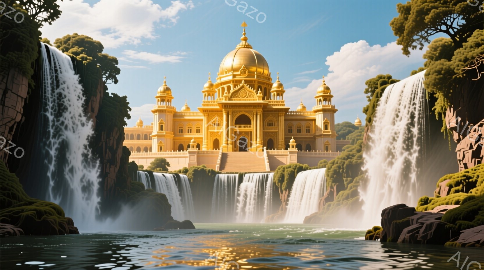 巨大な滝に挟まれた壮大な黄金色の宮殿が印象的である。宮殿は複雑な装飾が施され、高い塔とドームが特徴的で、周囲の緑豊かな自然と鮮やかなコントラストをなしている。水面は穏やかで、宮殿の反射が美しく、幻想的な雰囲気を醸し出している。