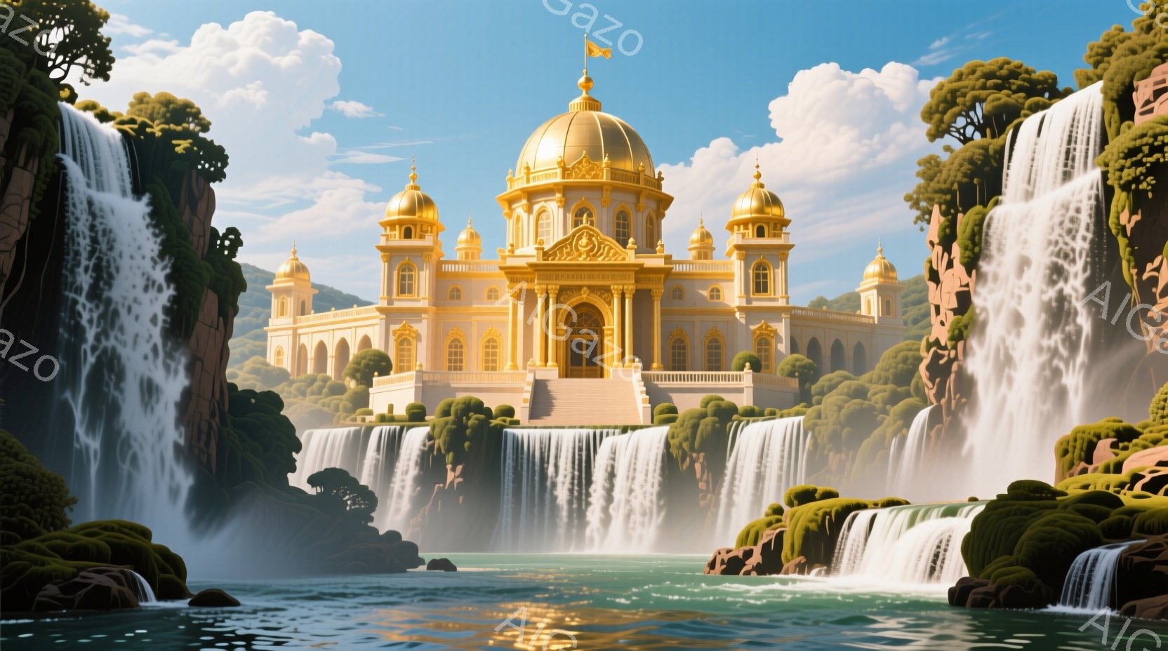 壮大な滝に囲まれた金色の宮殿が印象的な光景です。宮殿は白と金色の美しい装飾が施され、複数のドームと塔が特徴的で、豪華さと威厳に満ちています。背景には緑豊かな植生が広がり、晴天の下、幻想的で神秘的な雰囲気を醸し出しています。