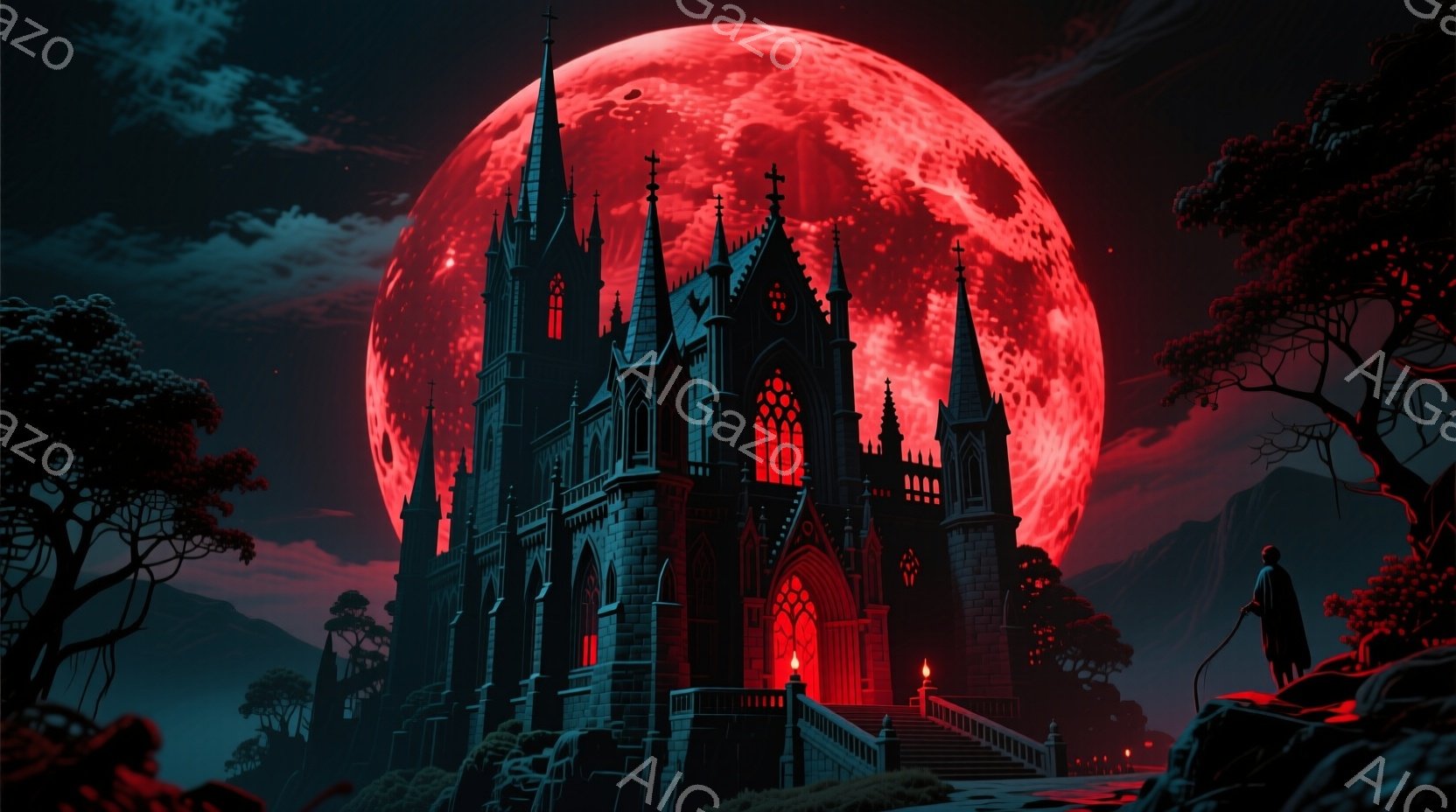 巨大なゴシック様式の城が、血のような赤い満月を背景にそびえ立っている。城の前に立つ人物は黒いローブをまとい、杖を持っているが、顔は見えない。周囲は墓地と不気味な木々に囲まれ、全体的に不気味で恐ろしい雰囲気を醸し出している。
