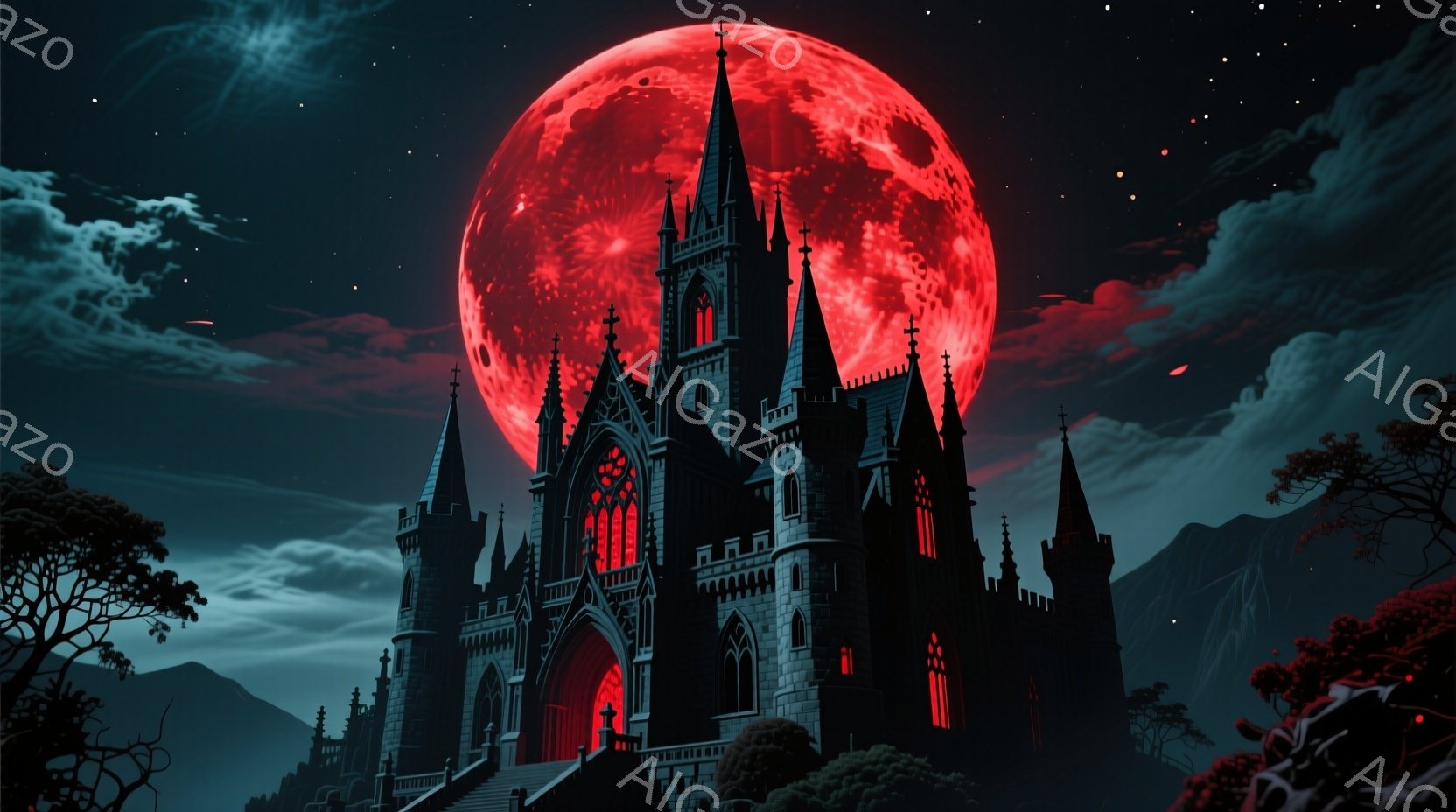巨大なゴシック様式の城が、血のような赤い満月を背景にそびえ立っている。城は尖塔とアーチで飾られ、夜空にシルエットとして浮かび上がり、周囲には暗い森と山々が広がっている。全体的に不気味でドラマチックな雰囲気が漂い、ミステリーやホラーの物語を想起させる。