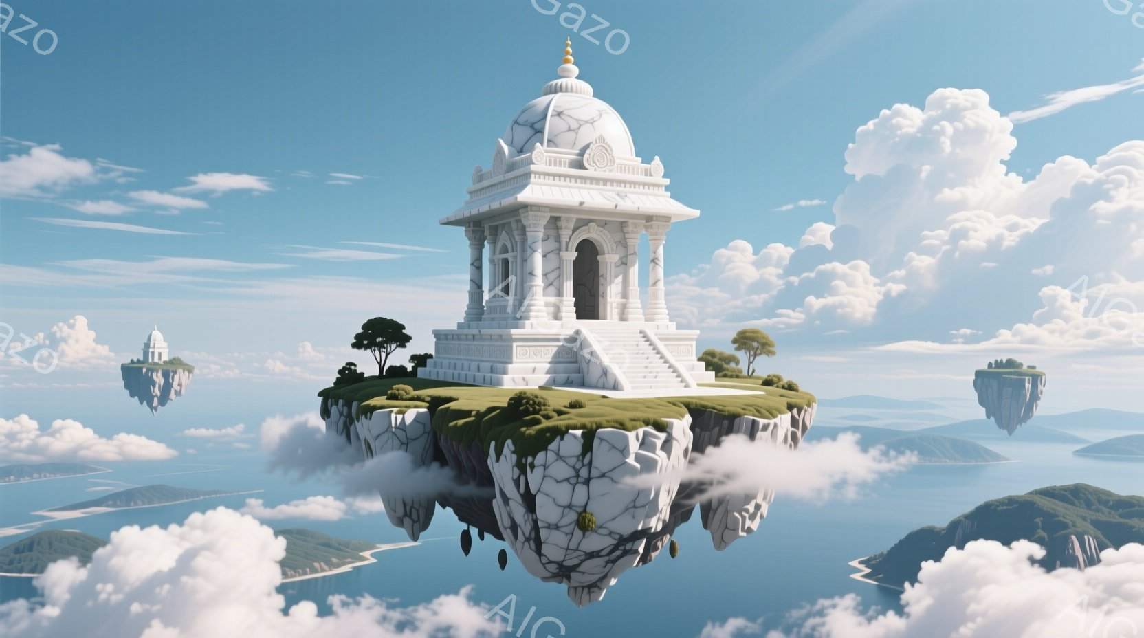 白亜の建造物が雲の上に浮かぶ幻想的な光景が広がっている。建物は精巧な彫刻が施された寺院のような外観で、周囲には緑豊かな植生が配置されている。背景には青い海と遠くの山々が広がり、まるで天空の楽園のような - AI生成フリー素材